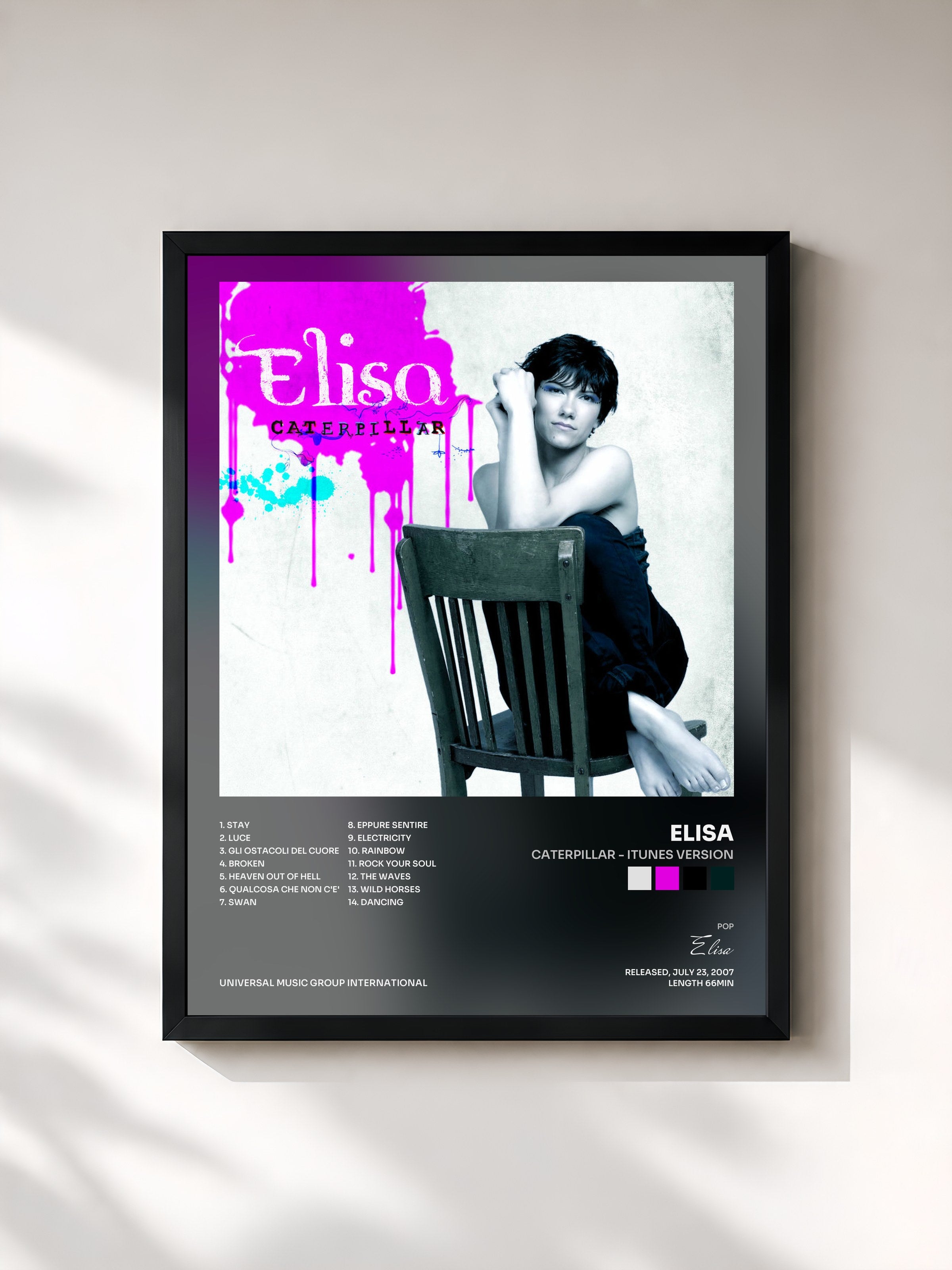#noir Tableau de l'album Caterpillar - iTunes Version de Elisa, cadre noir, imprimé et encadré en France