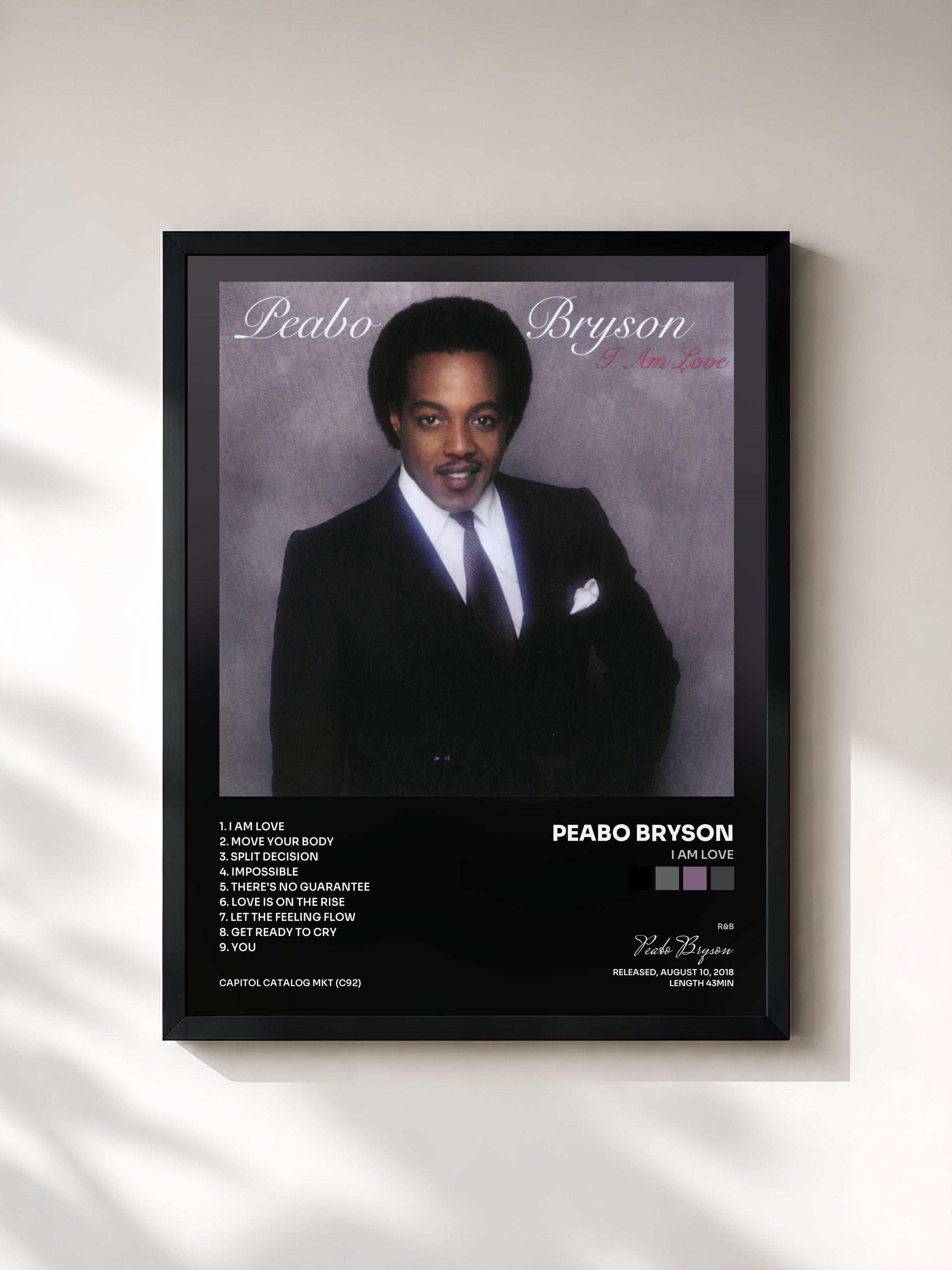 #noir Tableau de l'album I Am Love de Peabo Bryson, cadre noir, imprimé et encadré en France
