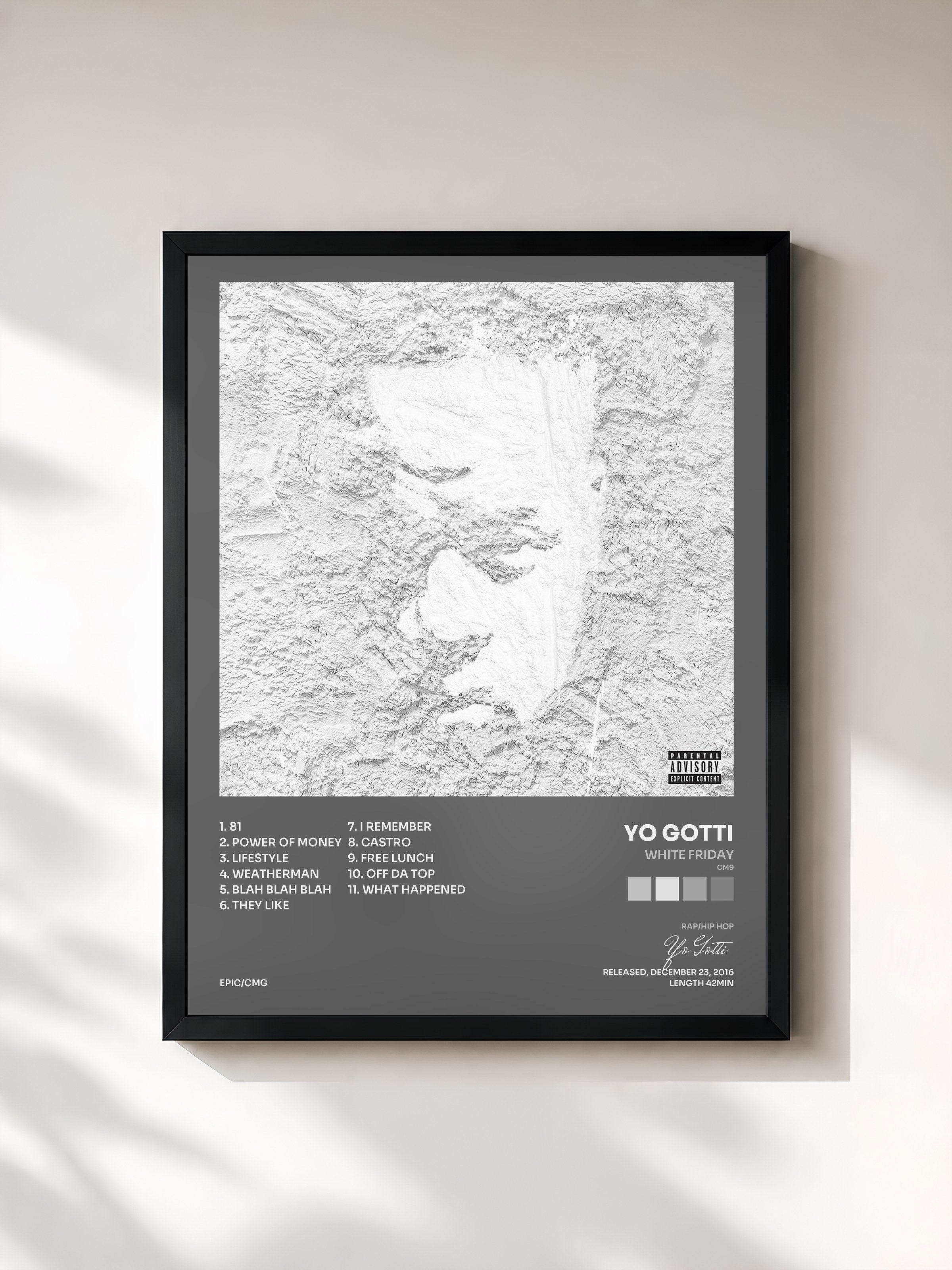 #noir Tableau de l'album White Friday (CM9) de Yo Gotti, cadre noir, imprimé et encadré en France