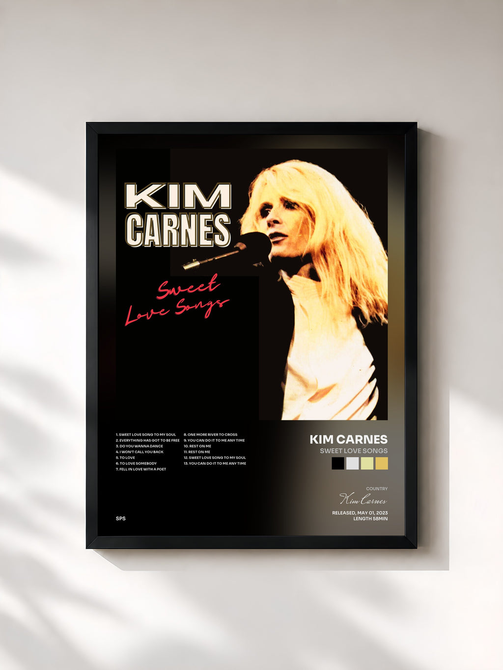 #noir Tableau de l'album Sweet Love Songs de Kim Carnes, cadre noir, imprimé et encadré en France