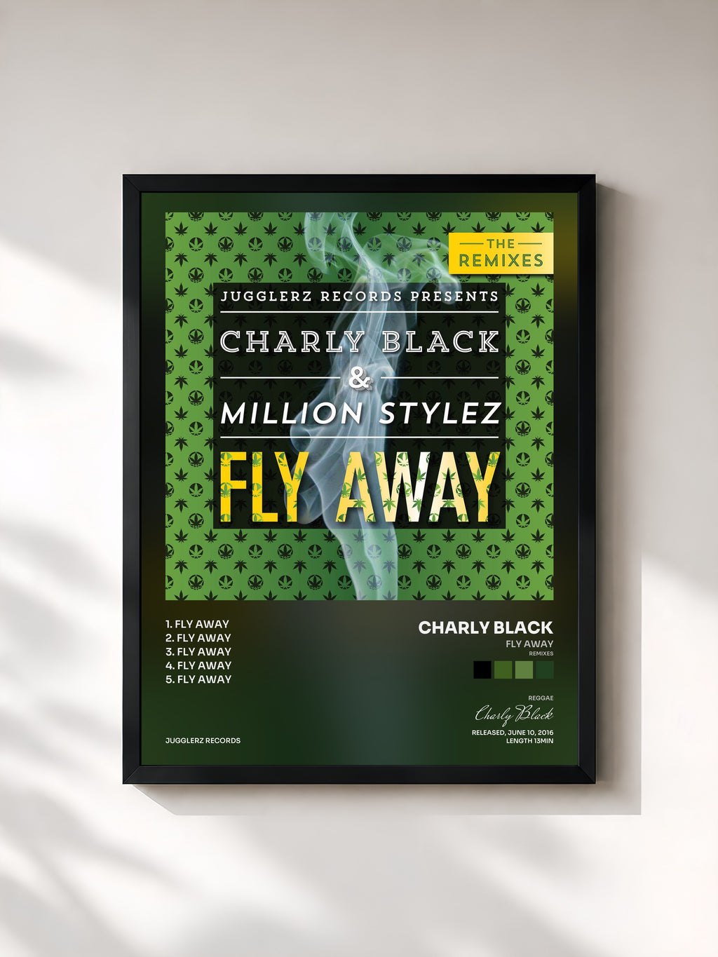 #noir Tableau de l'album Fly Away (Remixes) de Charly Black, cadre noir, imprimé et encadré en France