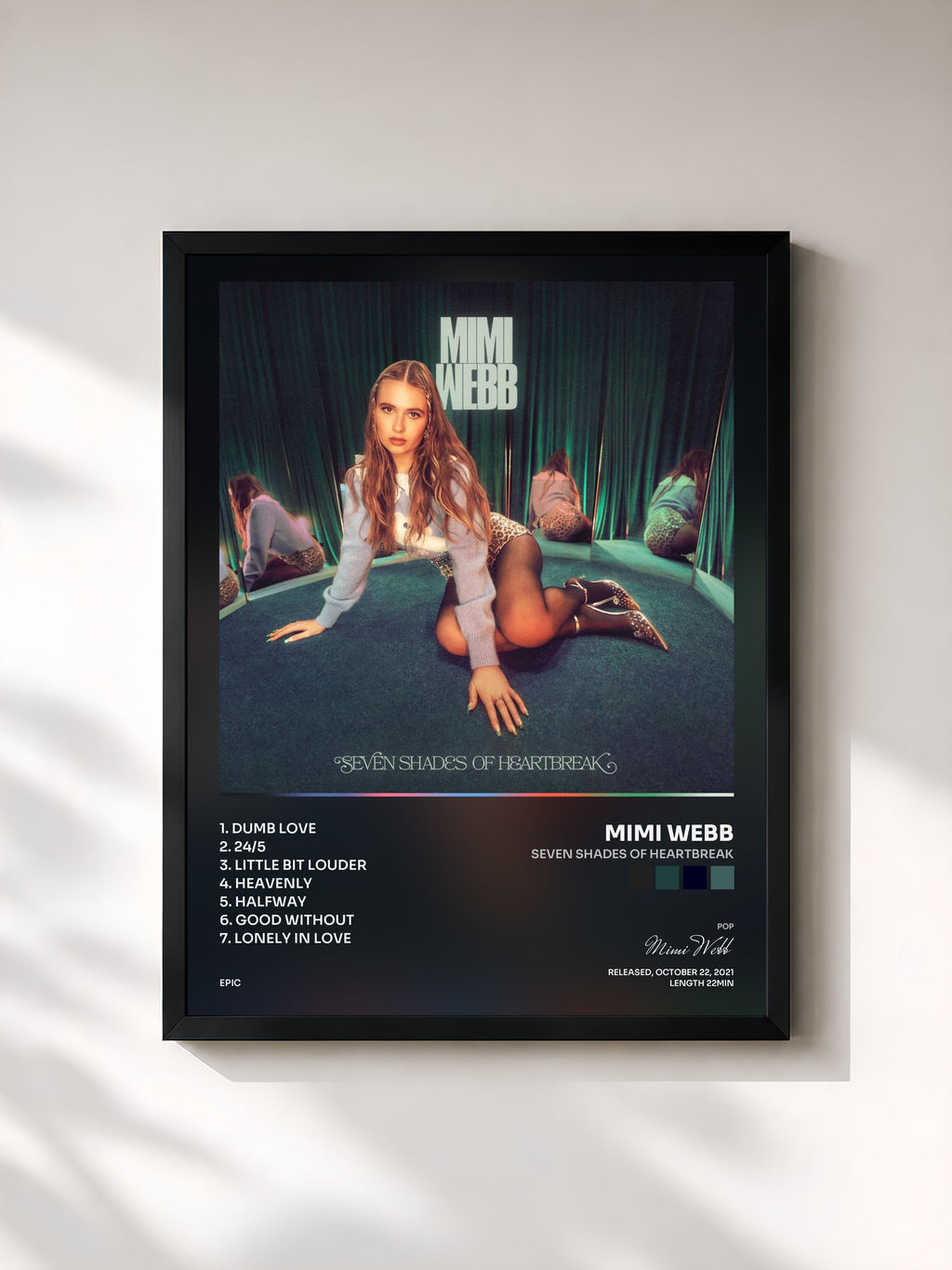 #noir Tableau de l'album Seven Shades of Heartbreak de Mimi Webb, cadre noir, imprimé et encadré en France