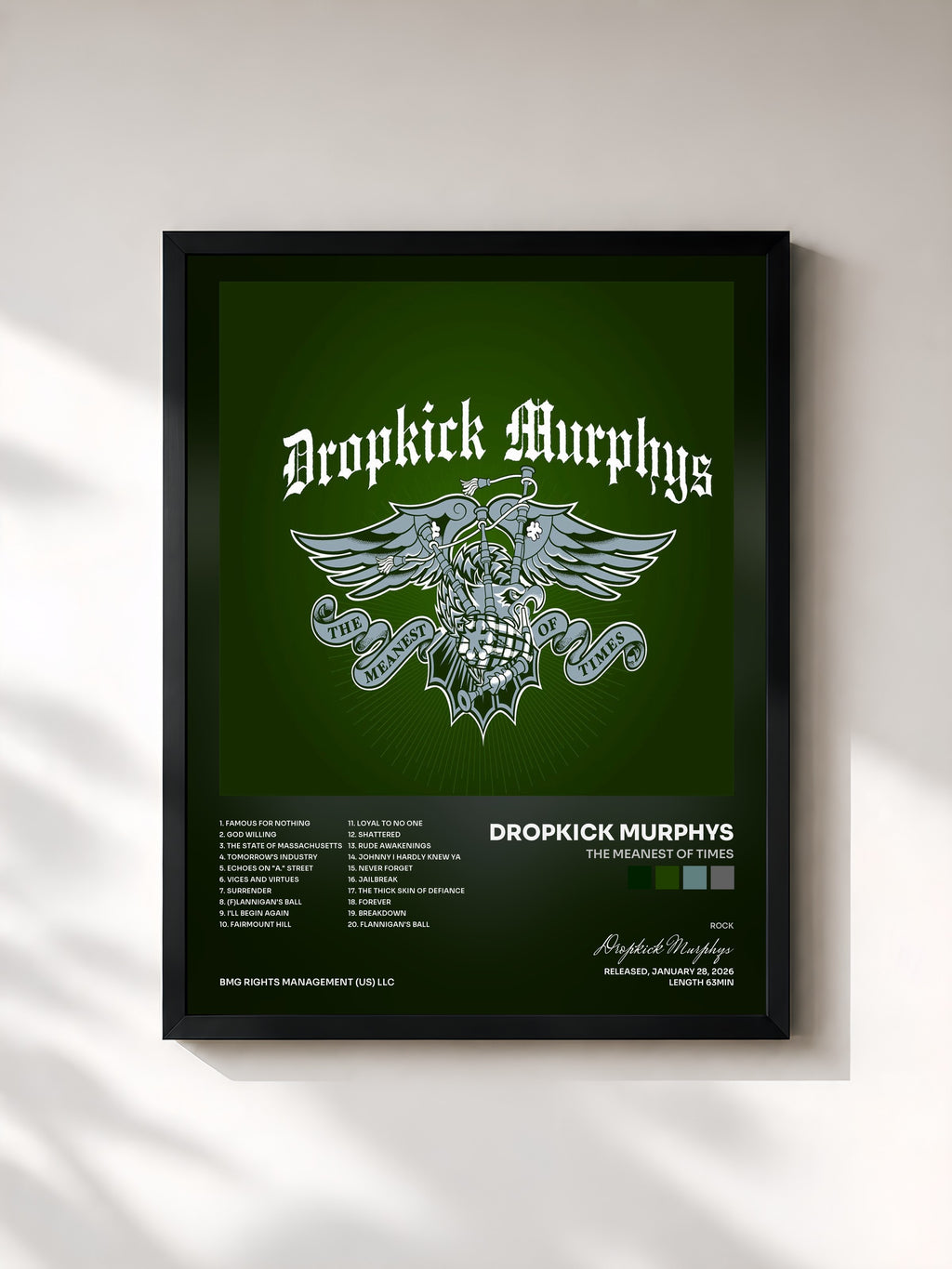 #noir Tableau de l'album The Meanest of Times de Dropkick Murphys, cadre noir, imprimé et encadré en France