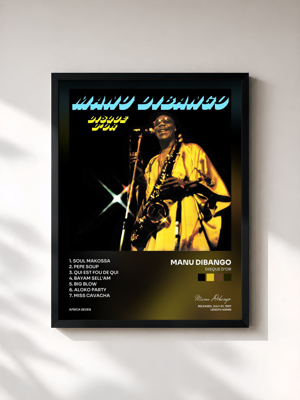 #noir Tableau de l'album Disque D'Or de Manu Dibango, cadre noir, imprimé et encadré en France
