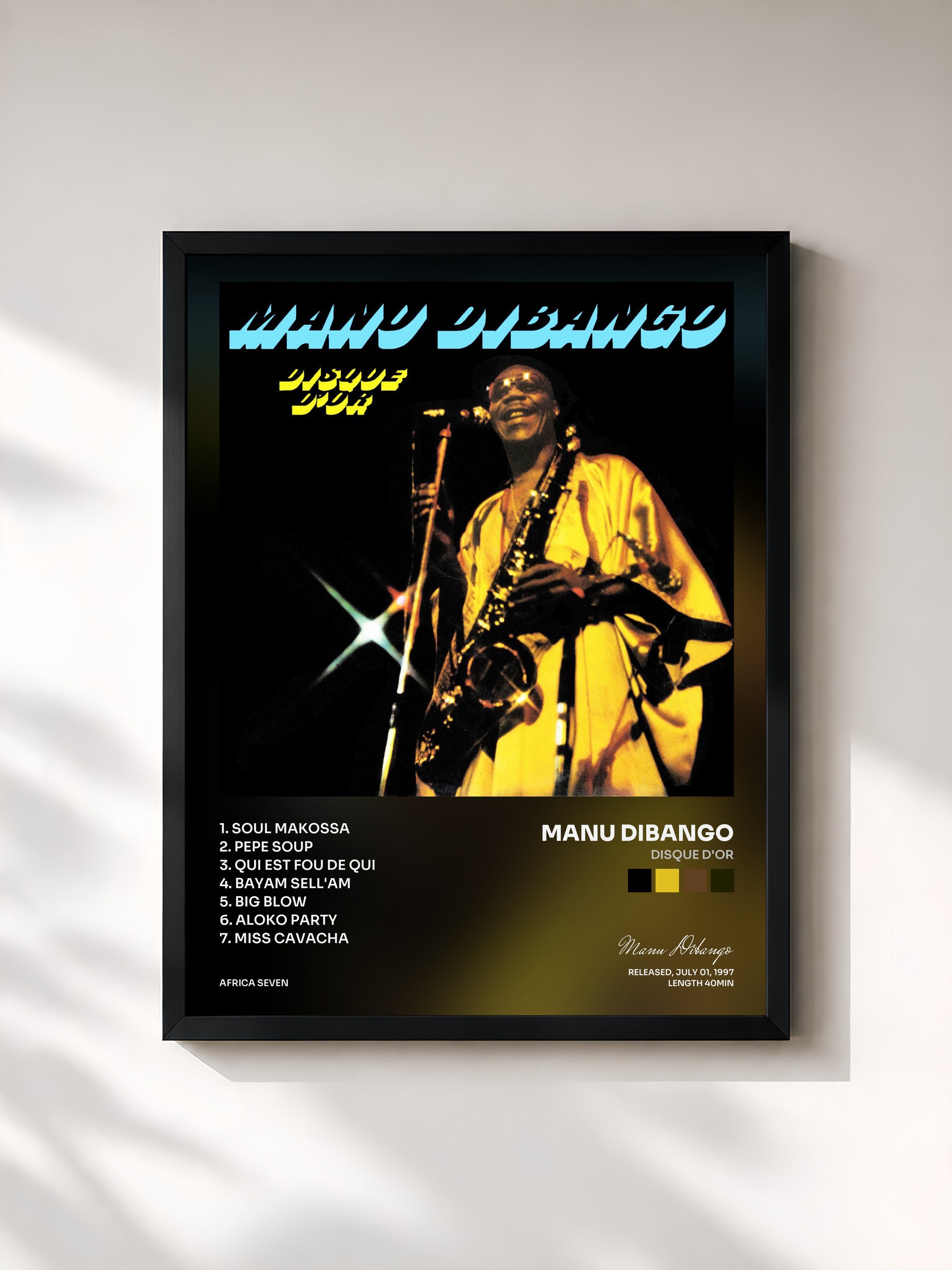 #noir Tableau de l'album Disque D'Or de Manu Dibango, cadre noir, imprimé et encadré en France