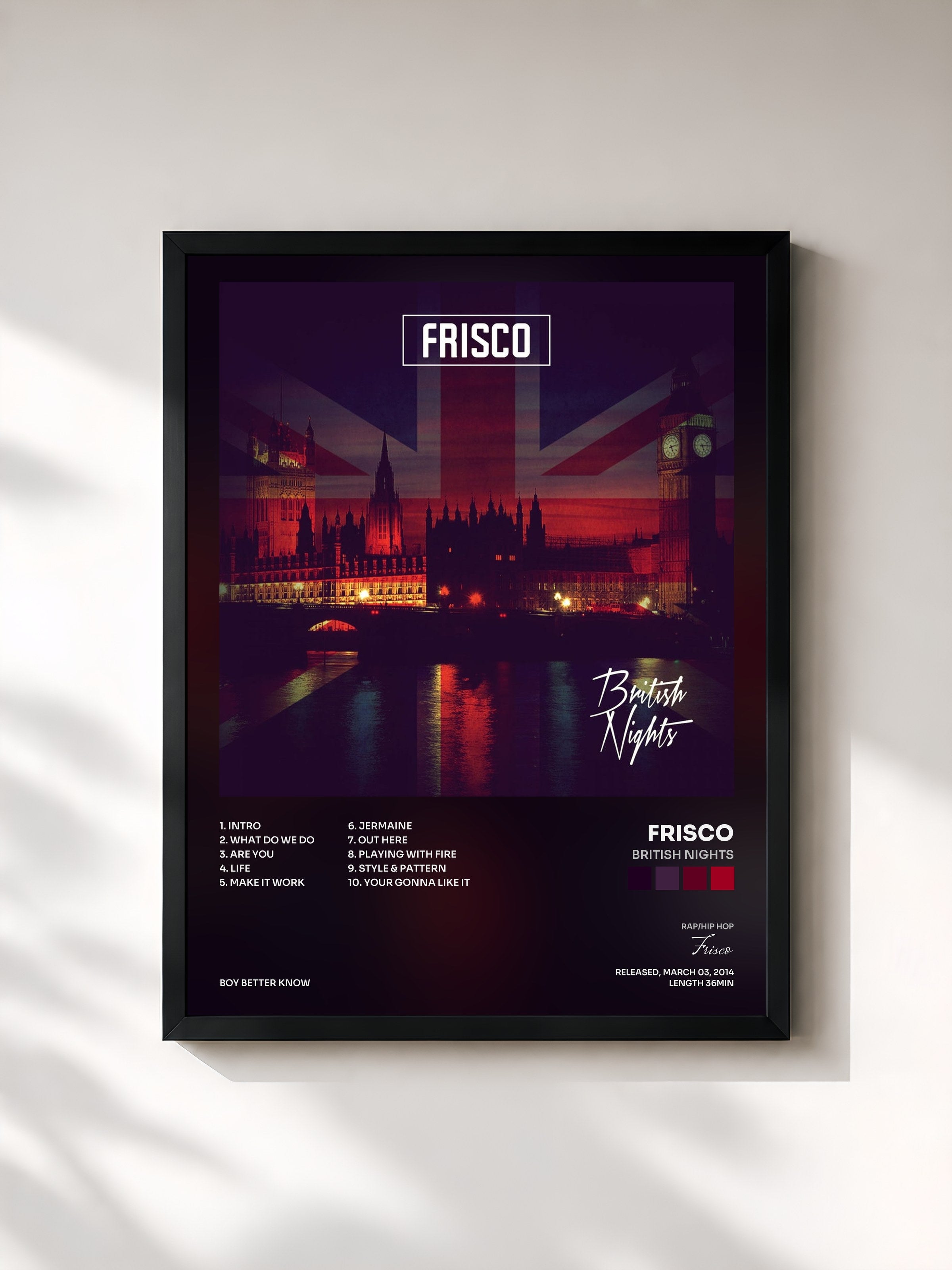 #noir Tableau de l'album British Nights de Frisco, cadre noir, imprimé et encadré en France
