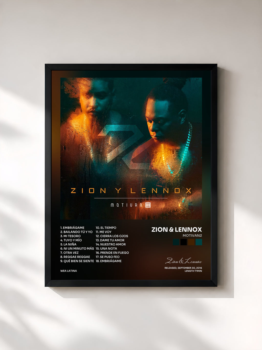 #noir Tableau de l'album Motivan2 de Zion & Lennox, cadre noir, imprimé et encadré en France