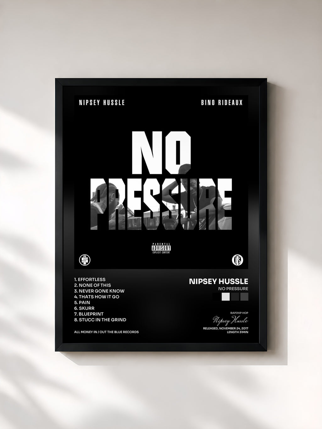 #noir Tableau de l'album No Pressure de Nipsey Hussle, cadre noir, imprimé et encadré en France
