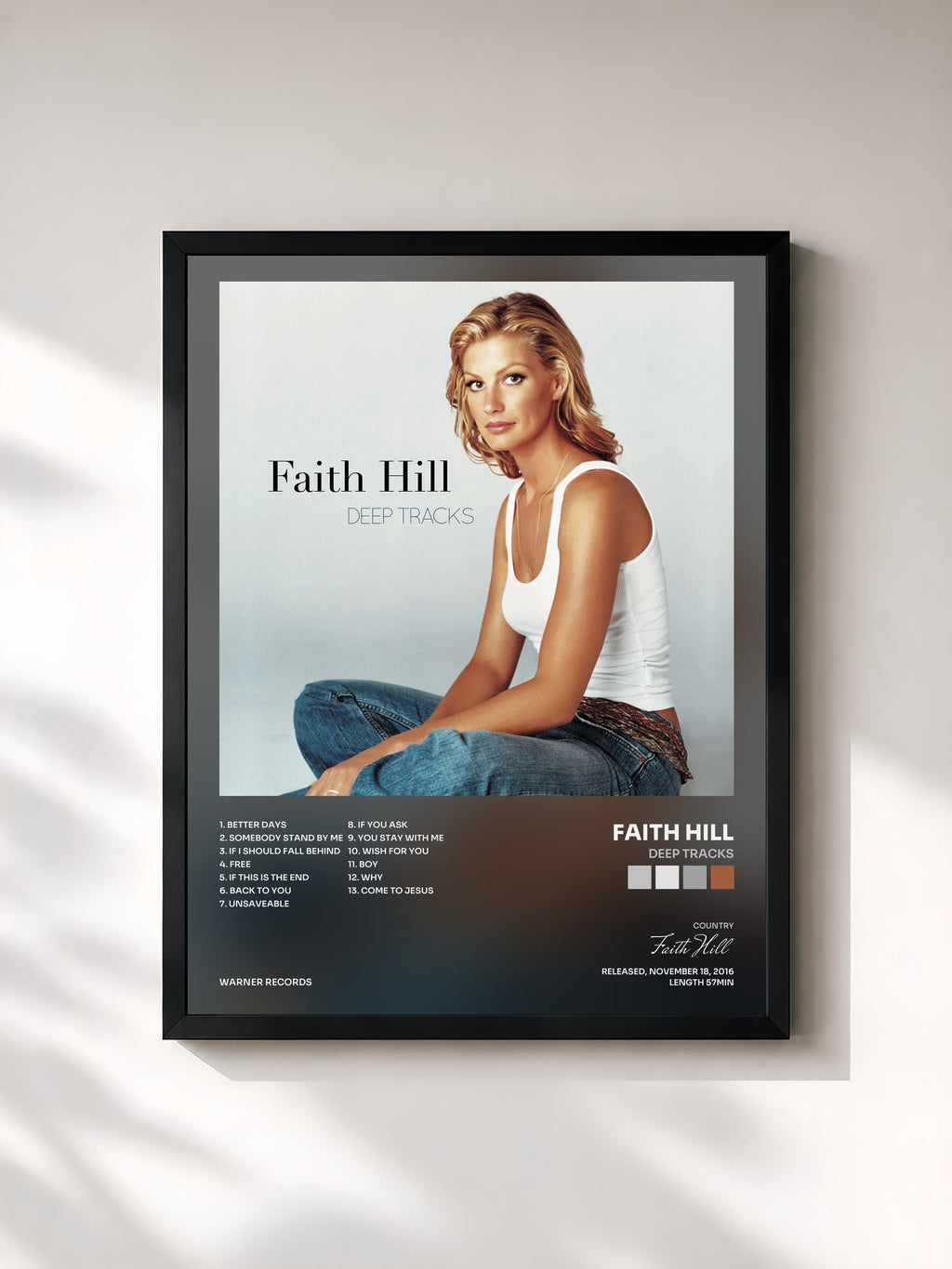 #noir Tableau de l'album Deep Tracks de Faith Hill, cadre noir, imprimé et encadré en France