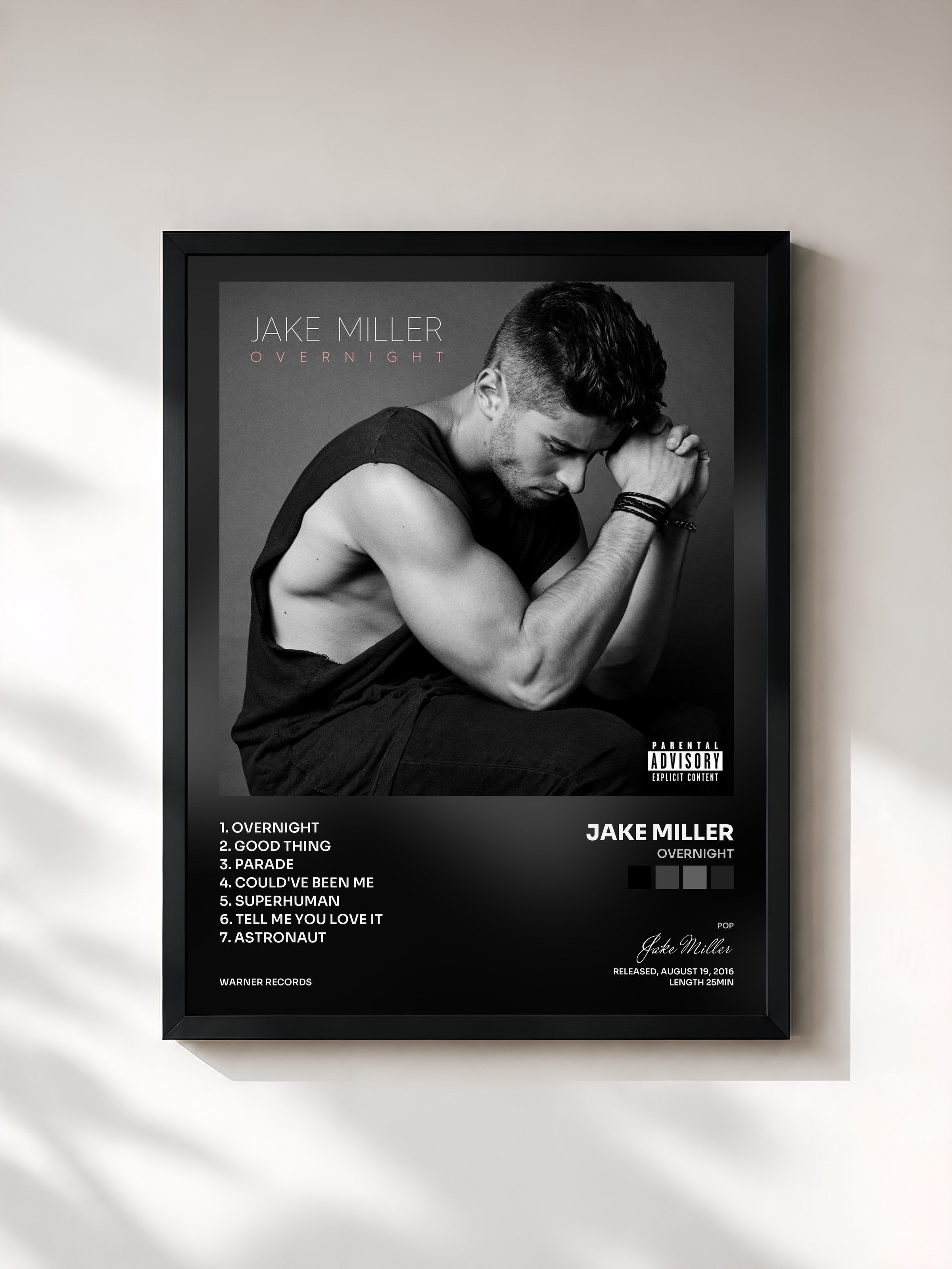 #noir Tableau de l'album Overnight de Jake Miller, cadre noir, imprimé et encadré en France