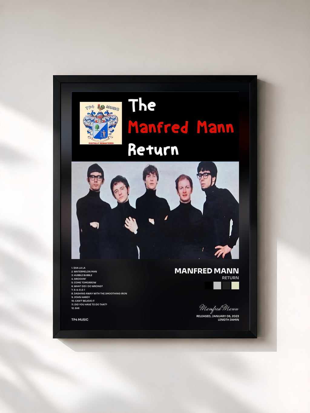 #noir Tableau de l'album Return de Manfred Mann, cadre noir, imprimé et encadré en France