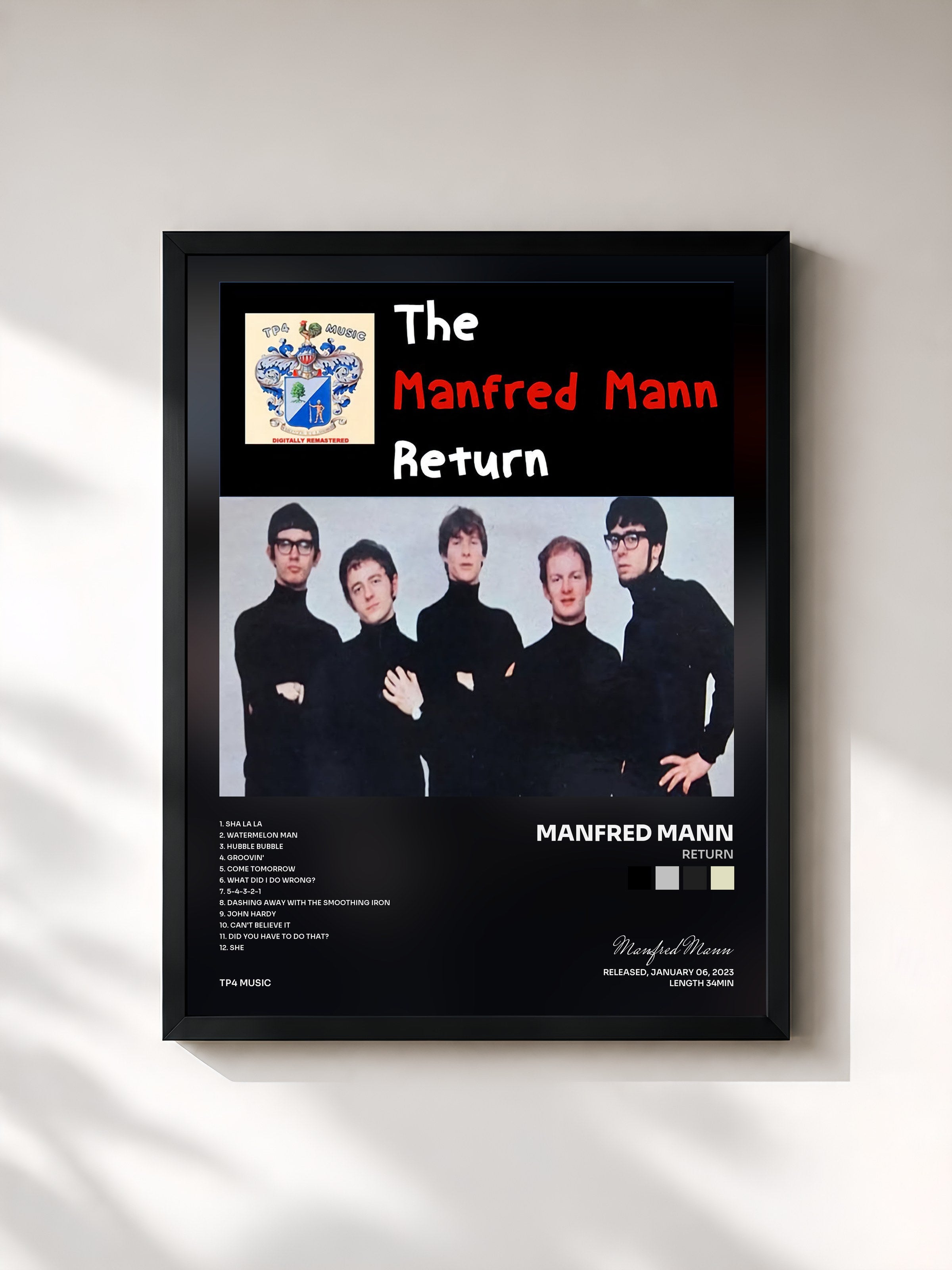 #noir Tableau de l'album Return de Manfred Mann, cadre noir, imprimé et encadré en France