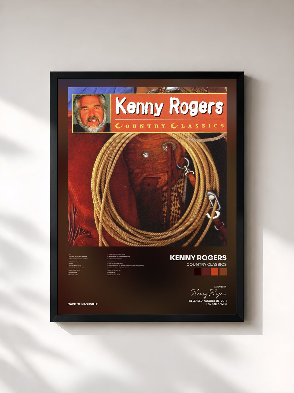 #noir Tableau de l'album Country Classics de Kenny Rogers, cadre noir, imprimé et encadré en France