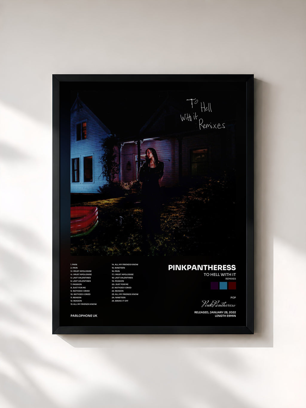 #noir Tableau de l'album to hell with it (Remixes) de PinkPantheress, cadre noir, imprimé et encadré en France