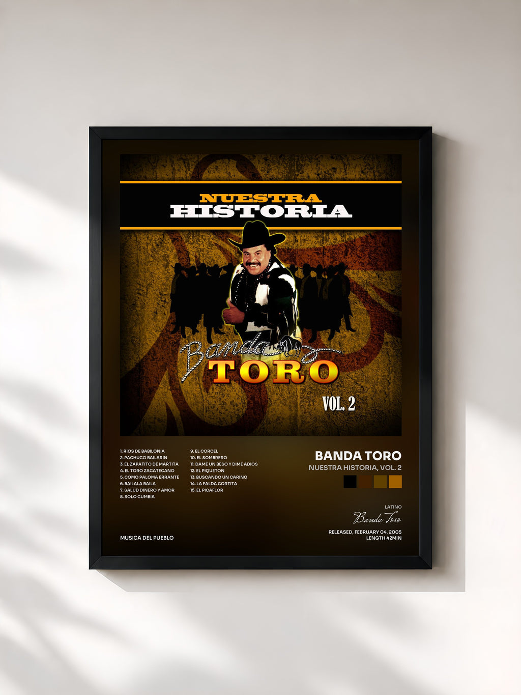 #noir Tableau de l'album Nuestra Historia, Vol. 2 de Banda Toro, cadre noir, imprimé et encadré en France