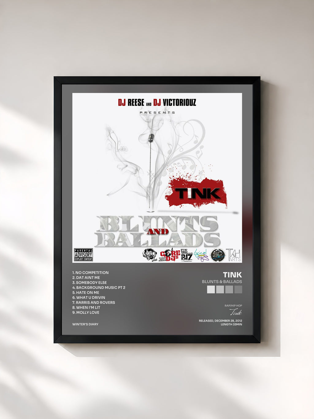 #noir Tableau de l'album Blunts & Ballads de Tink, cadre noir, imprimé et encadré en France