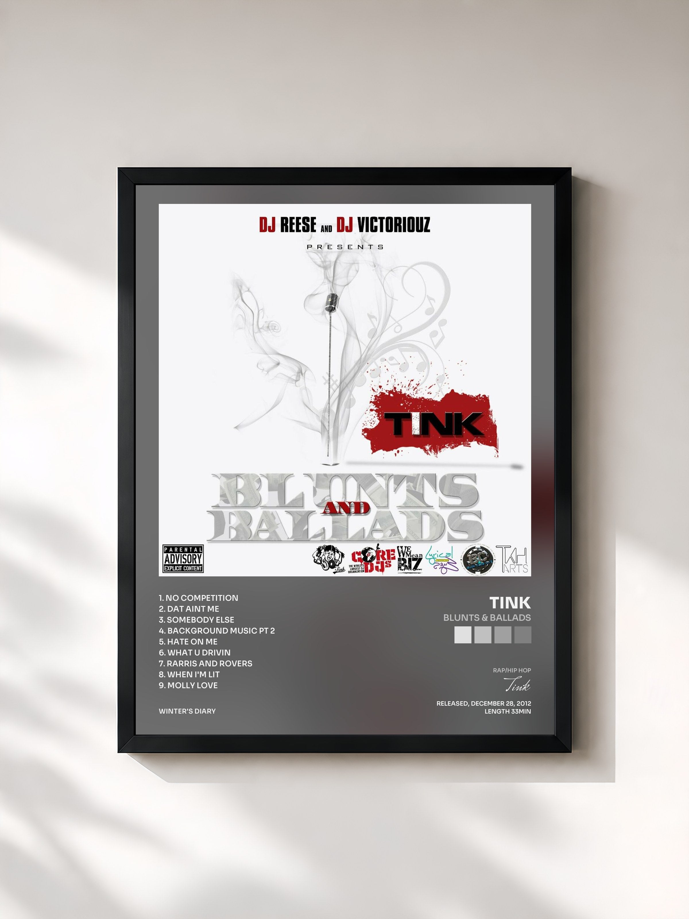 #noir Tableau de l'album Blunts & Ballads de Tink, cadre noir, imprimé et encadré en France