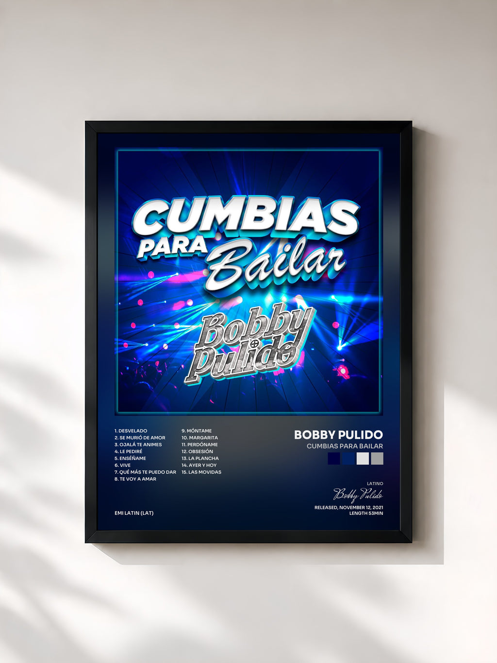 #noir Tableau de l'album Cumbias Para Bailar de Bobby Pulido, cadre noir, imprimé et encadré en France