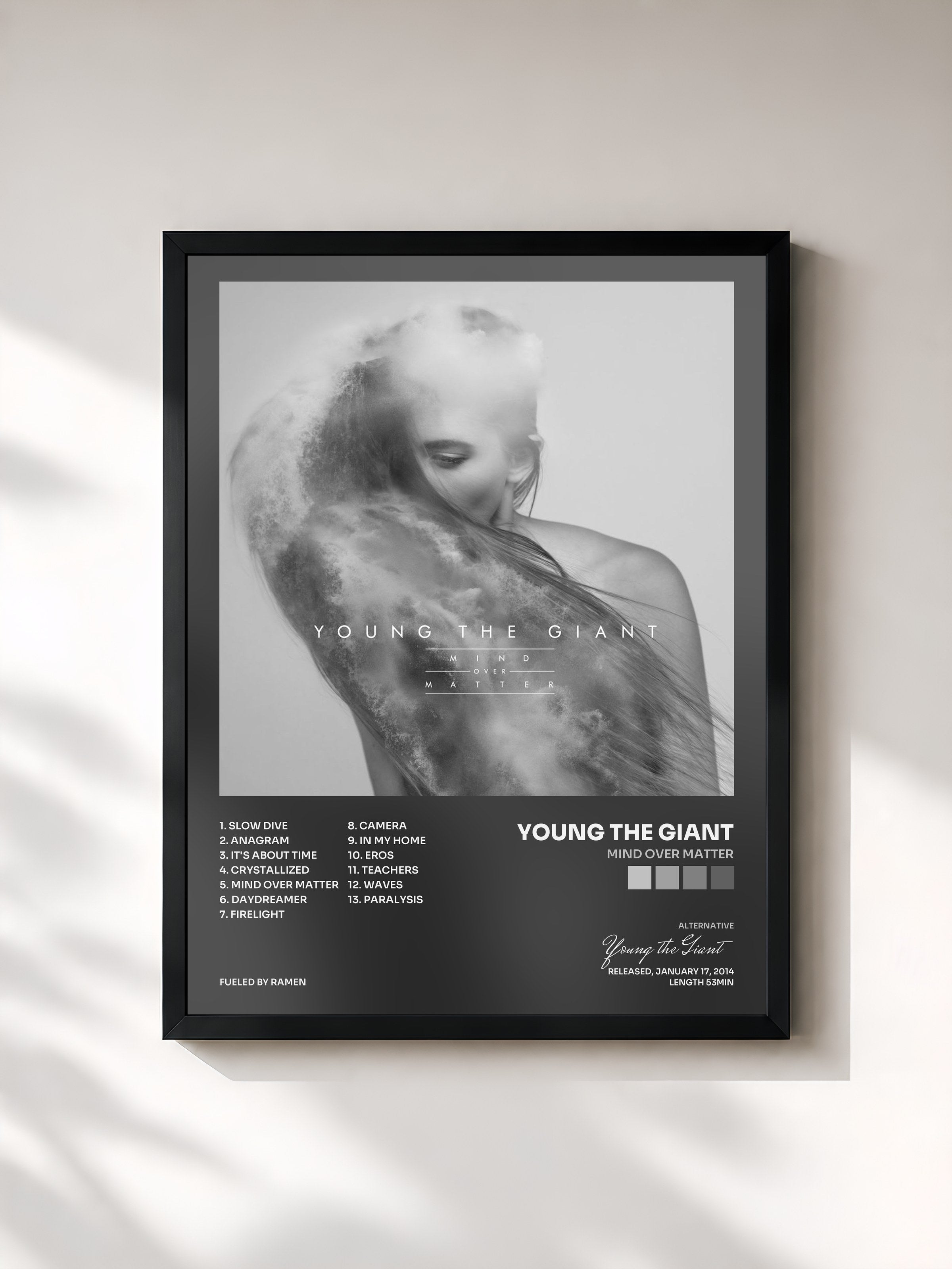#noir Tableau de l'album Mind Over Matter de Young the Giant, cadre noir, imprimé et encadré en France