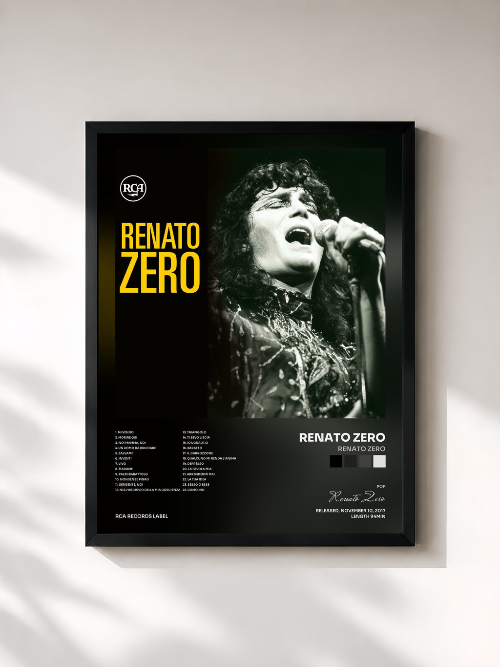 #noir Tableau de l'album Renato Zero de Renato Zero, cadre noir, imprimé et encadré en France
