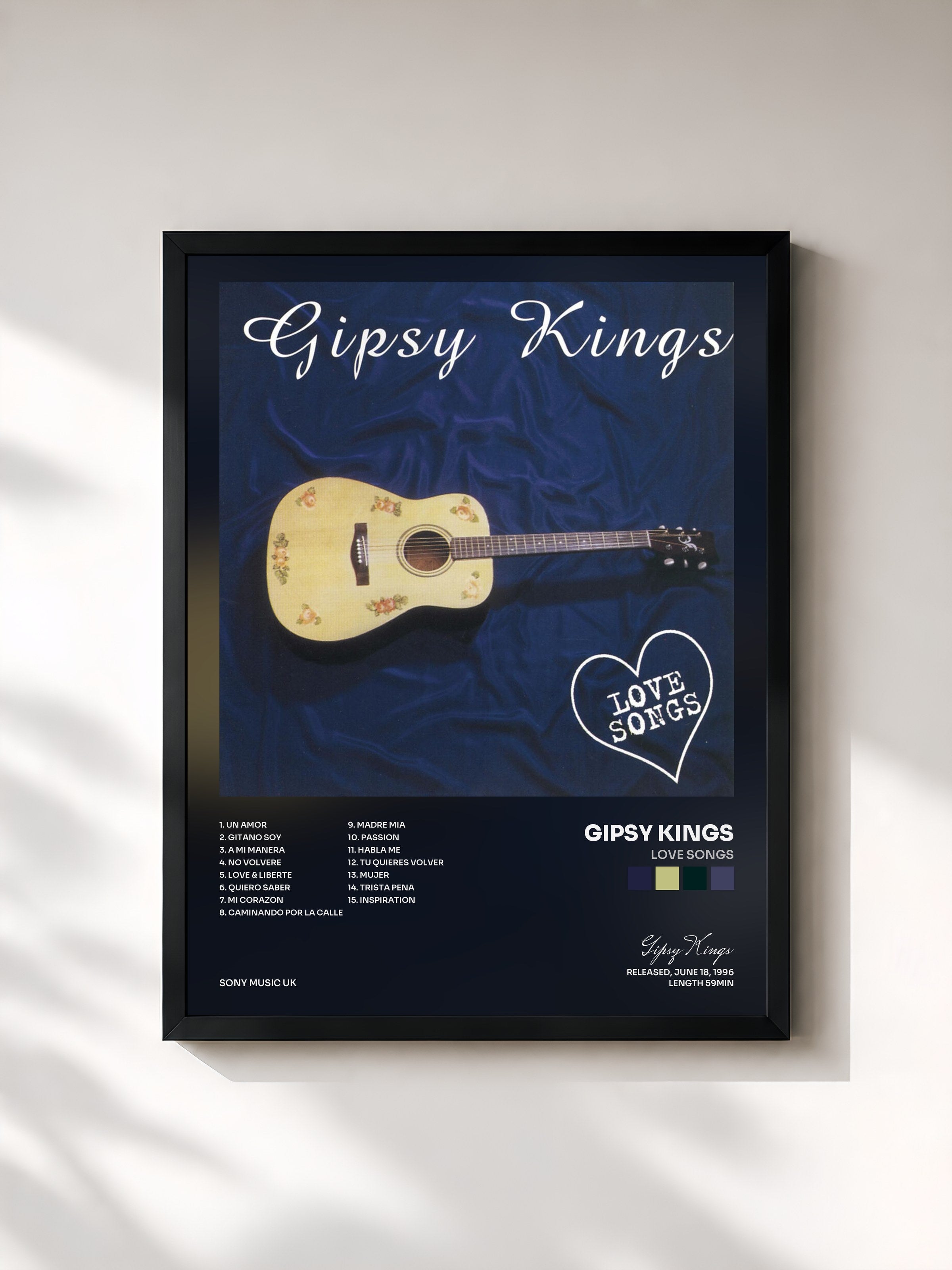 #noir Tableau de l'album Love Songs de Gipsy Kings, cadre noir, imprimé et encadré en France