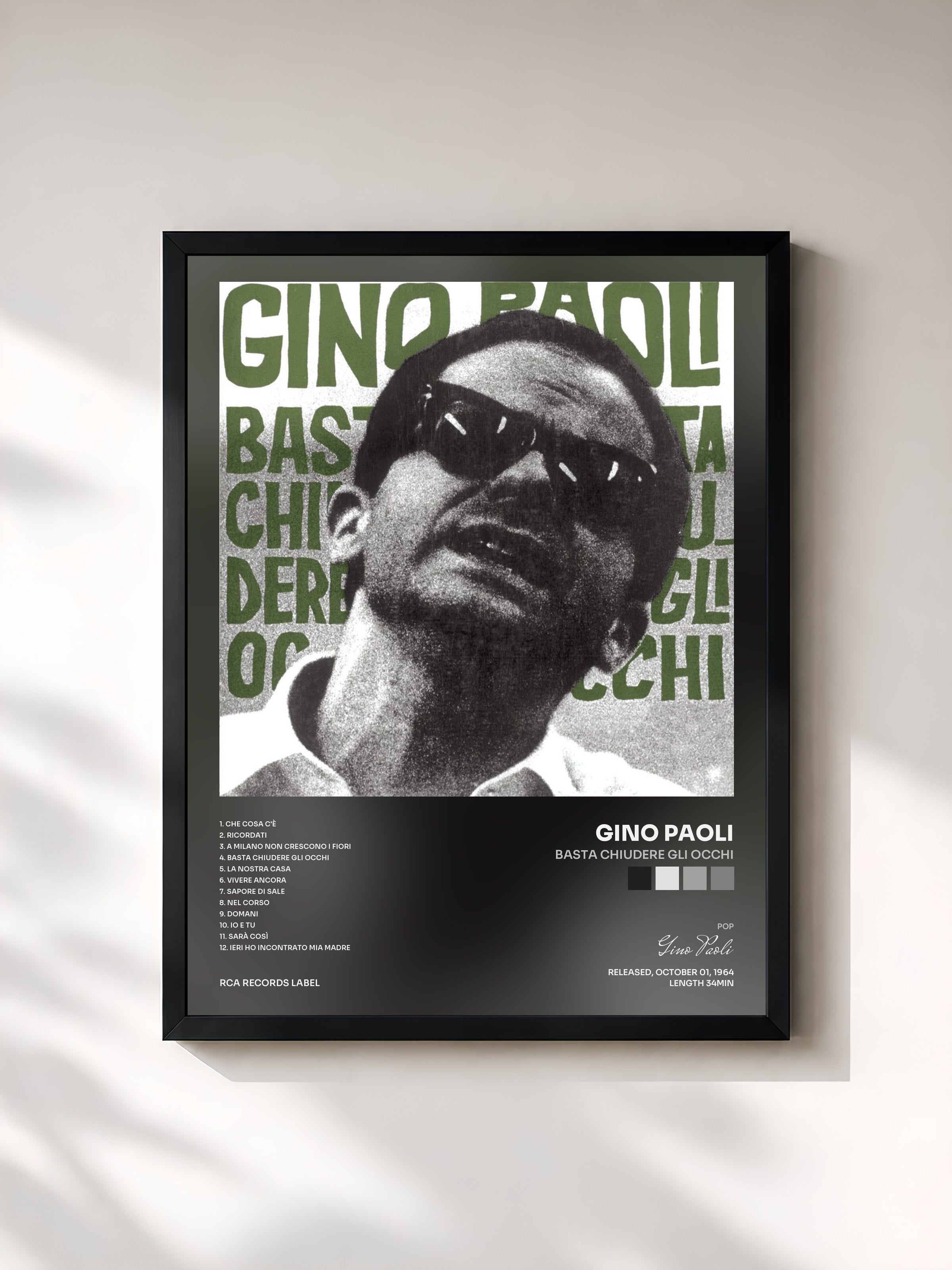 #noir Tableau de l'album Basta Chiudere Gli Occhi de Gino Paoli, cadre noir, imprimé et encadré en France