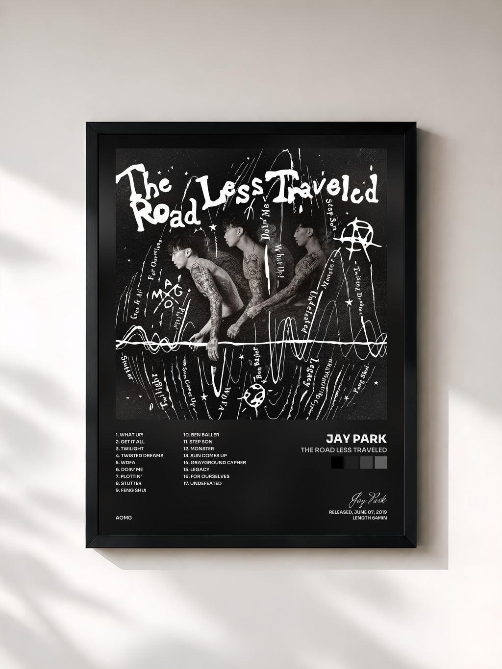 #noir Tableau de l'album The Road Less Traveled de Jay Park, cadre noir, imprimé et encadré en France