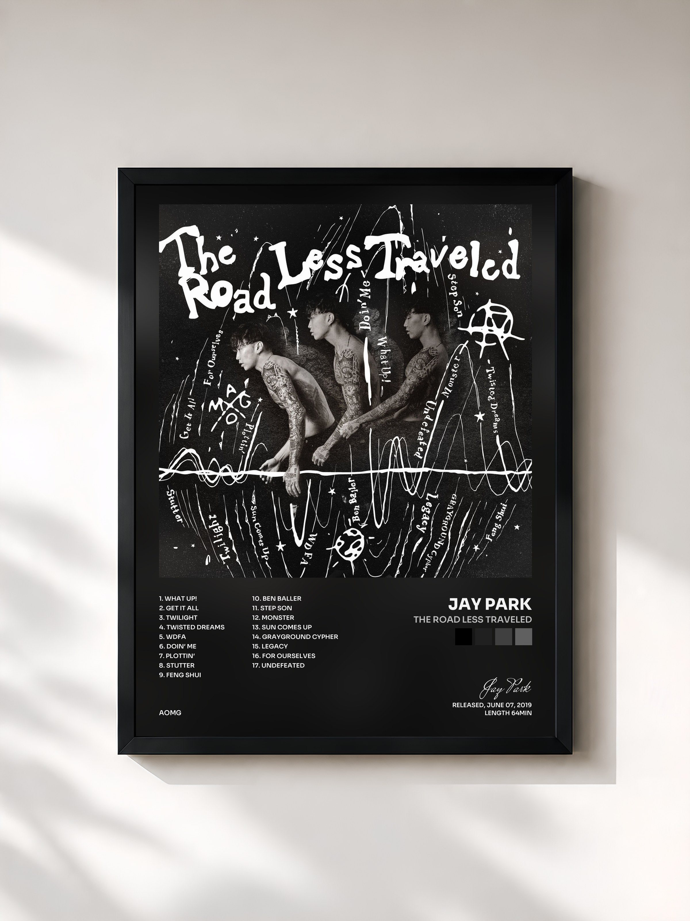 #noir Tableau de l'album The Road Less Traveled de Jay Park, cadre noir, imprimé et encadré en France