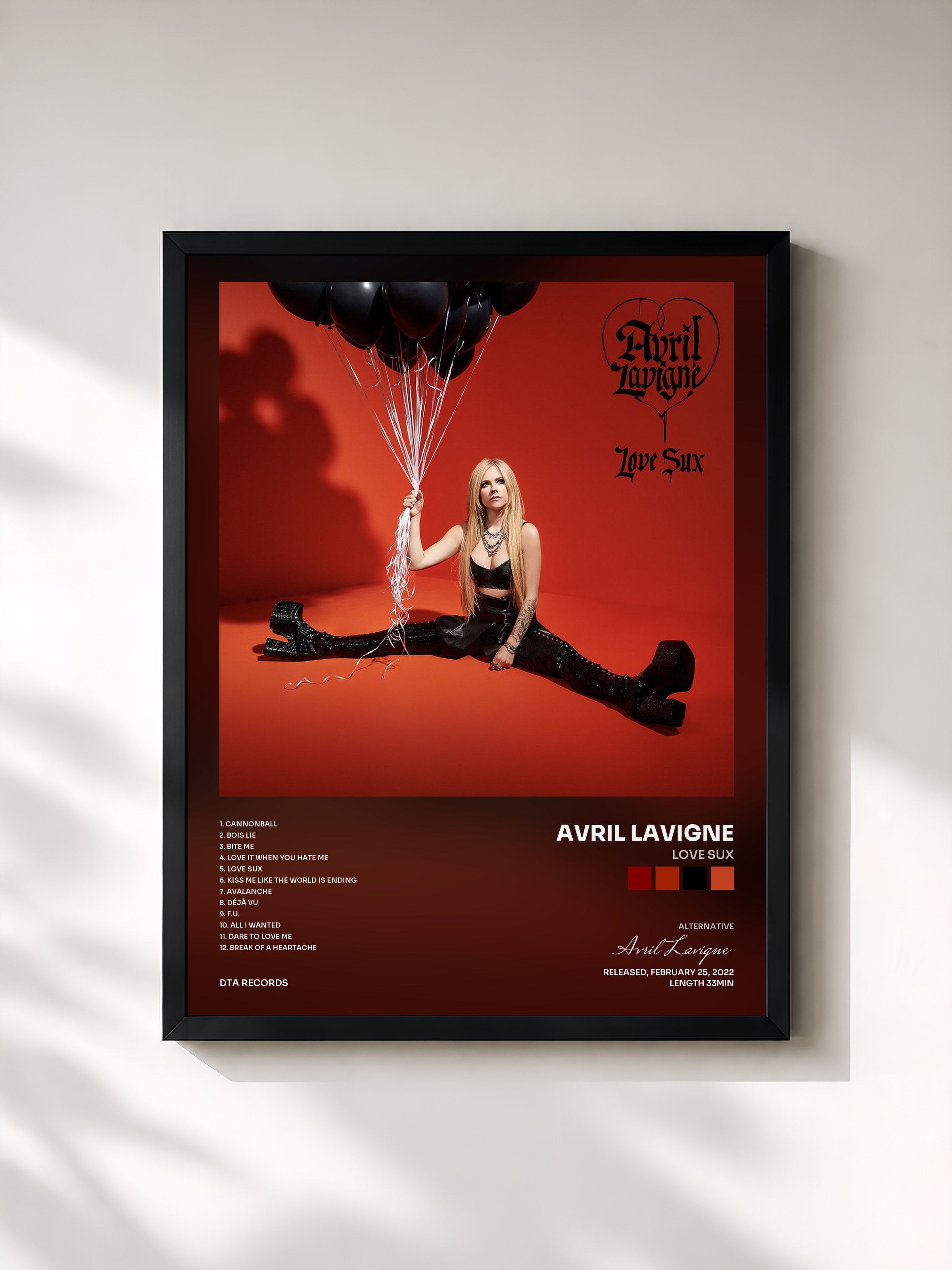 #noir Tableau de l'album Love Sux de Avril Lavigne, cadre noir, imprimé et encadré en France
