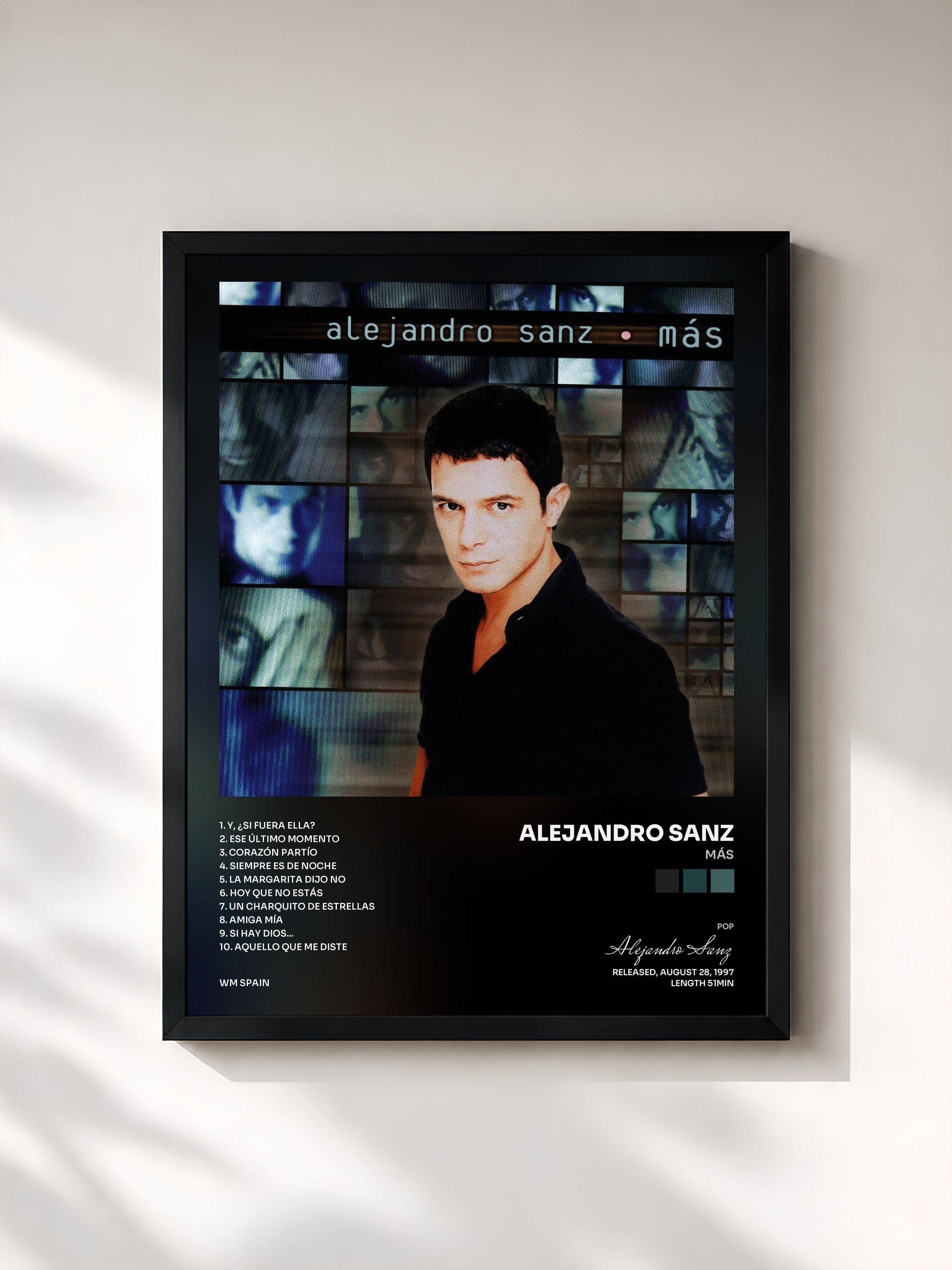 #noir Tableau de l'album Más de Alejandro Sanz, cadre noir, imprimé et encadré en France