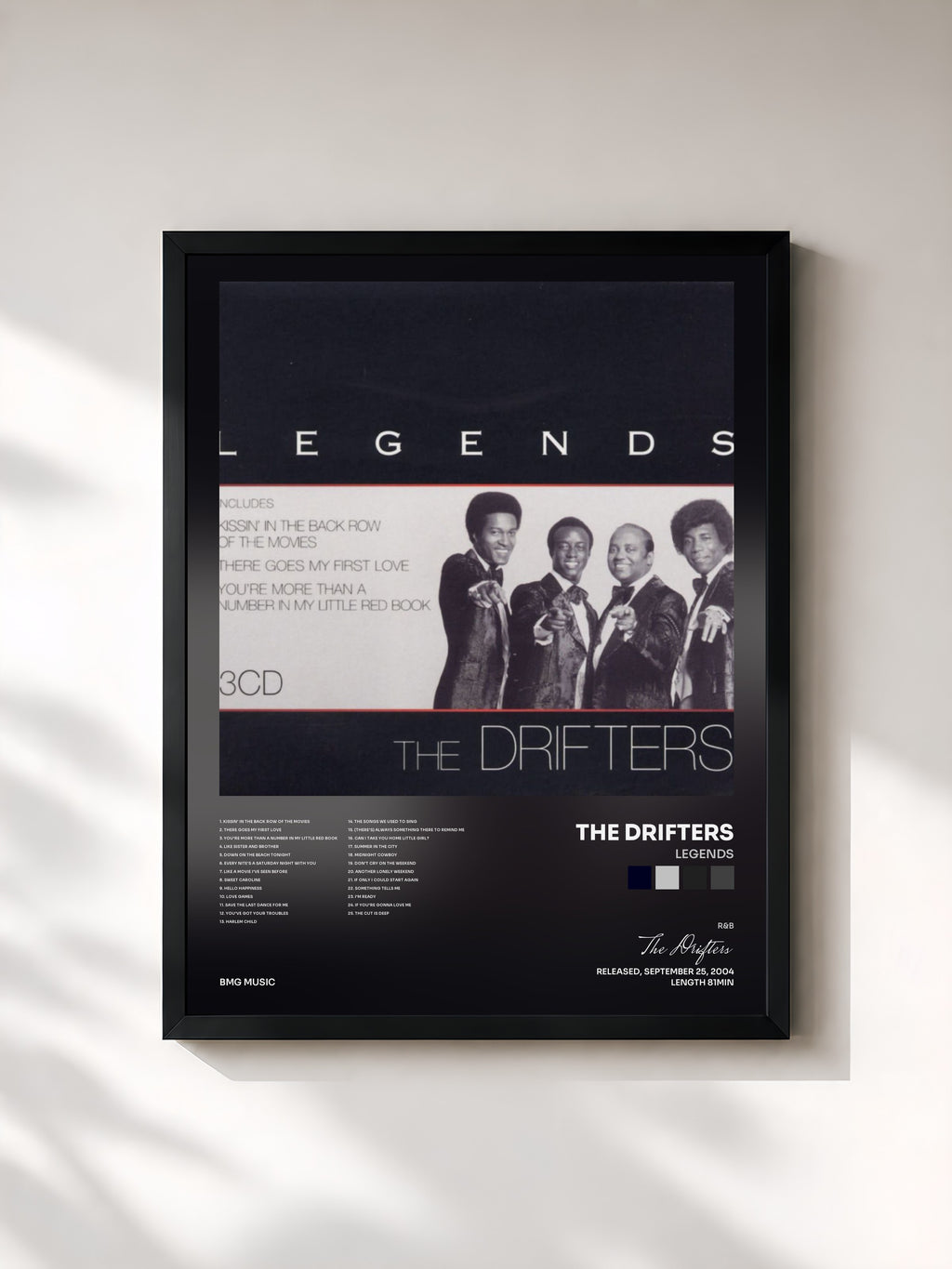 #noir Tableau de l'album Legends de The Drifters, cadre noir, imprimé et encadré en France
