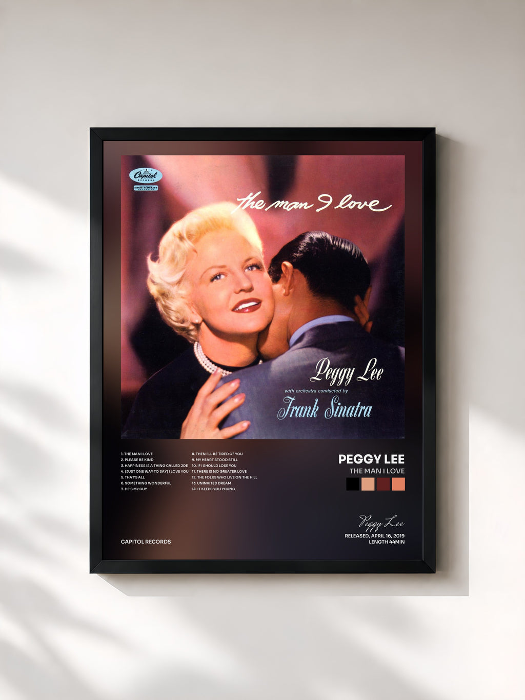 #noir Tableau de l'album The Man I Love de Peggy Lee, cadre noir, imprimé et encadré en France