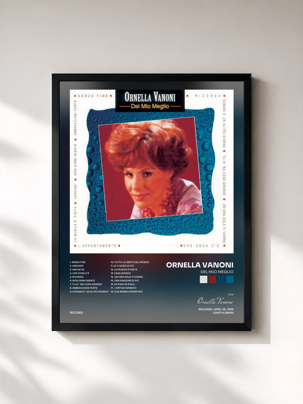 #noir Tableau de l'album Del Mio Meglio de Ornella Vanoni, cadre noir, imprimé et encadré en France