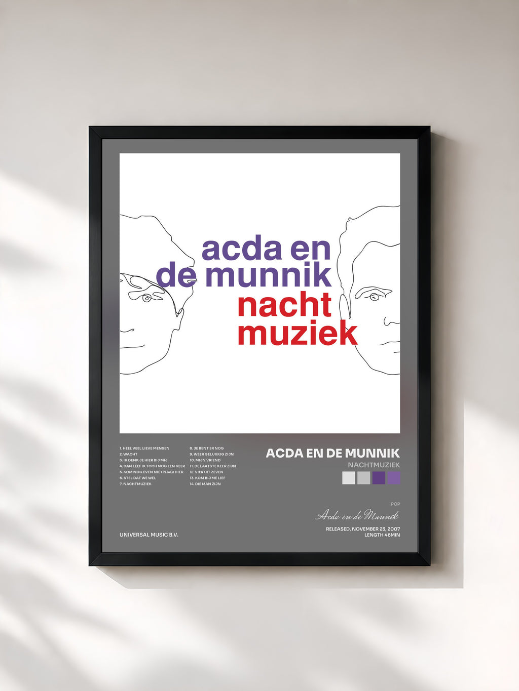 #noir Tableau de l'album Nachtmuziek de Acda en de Munnik, cadre noir, imprimé et encadré en France