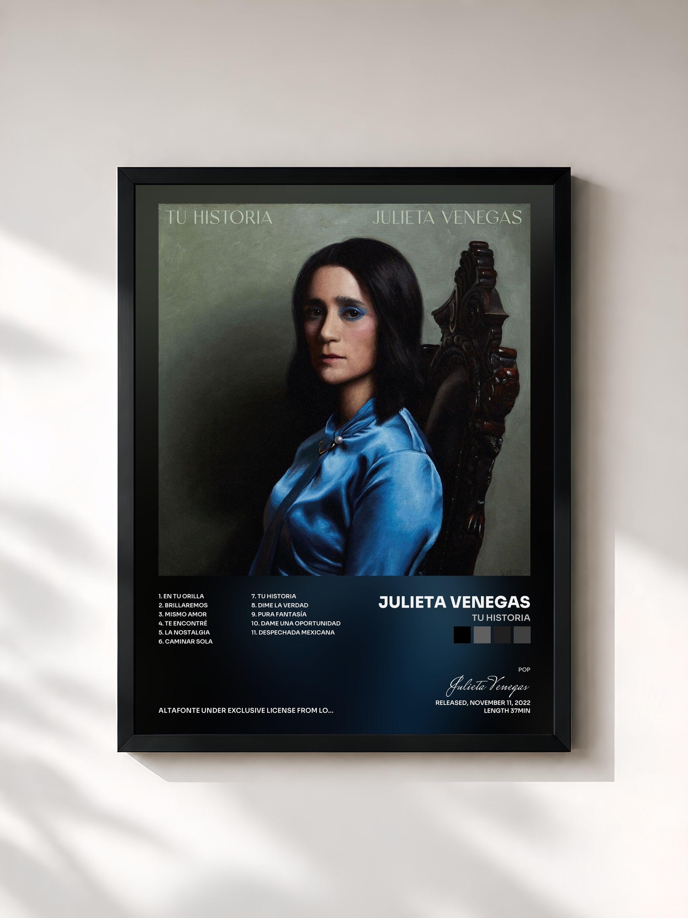 #noir Tableau de l'album Tu Historia de Julieta Venegas, cadre noir, imprimé et encadré en France