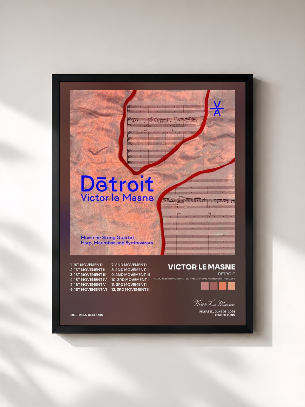 #noir Tableau de l'album Dētroit (Music for String Quartet, Harp, Marimbas and Synthesizers) de Victor Le Masne, cadre noir, imprimé et encadré en France