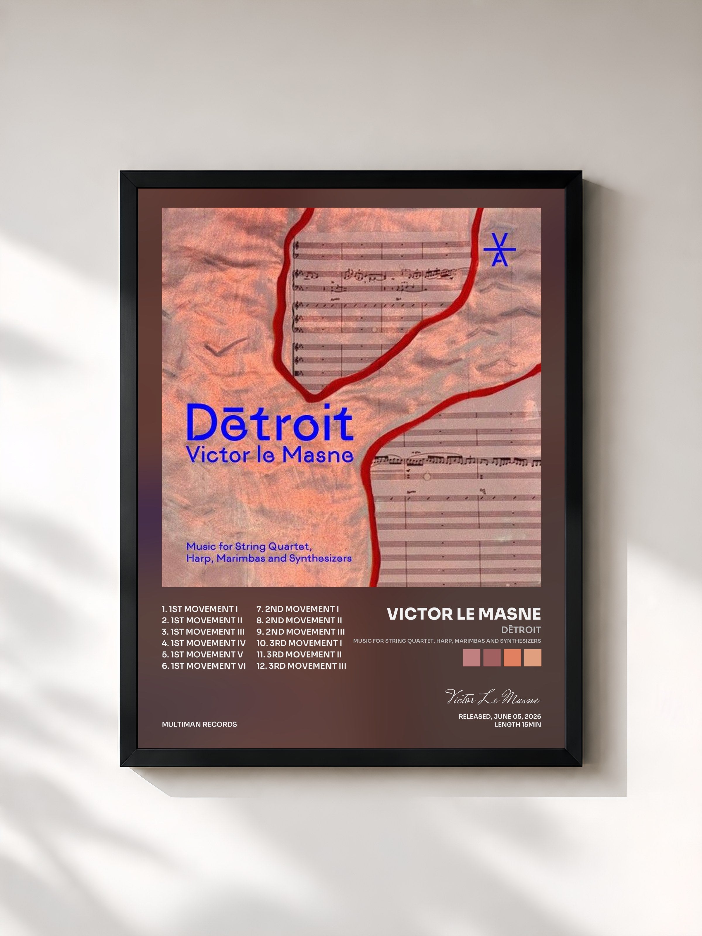 #noir Tableau de l'album Dētroit (Music for String Quartet, Harp, Marimbas and Synthesizers) de Victor Le Masne, cadre noir, imprimé et encadré en France