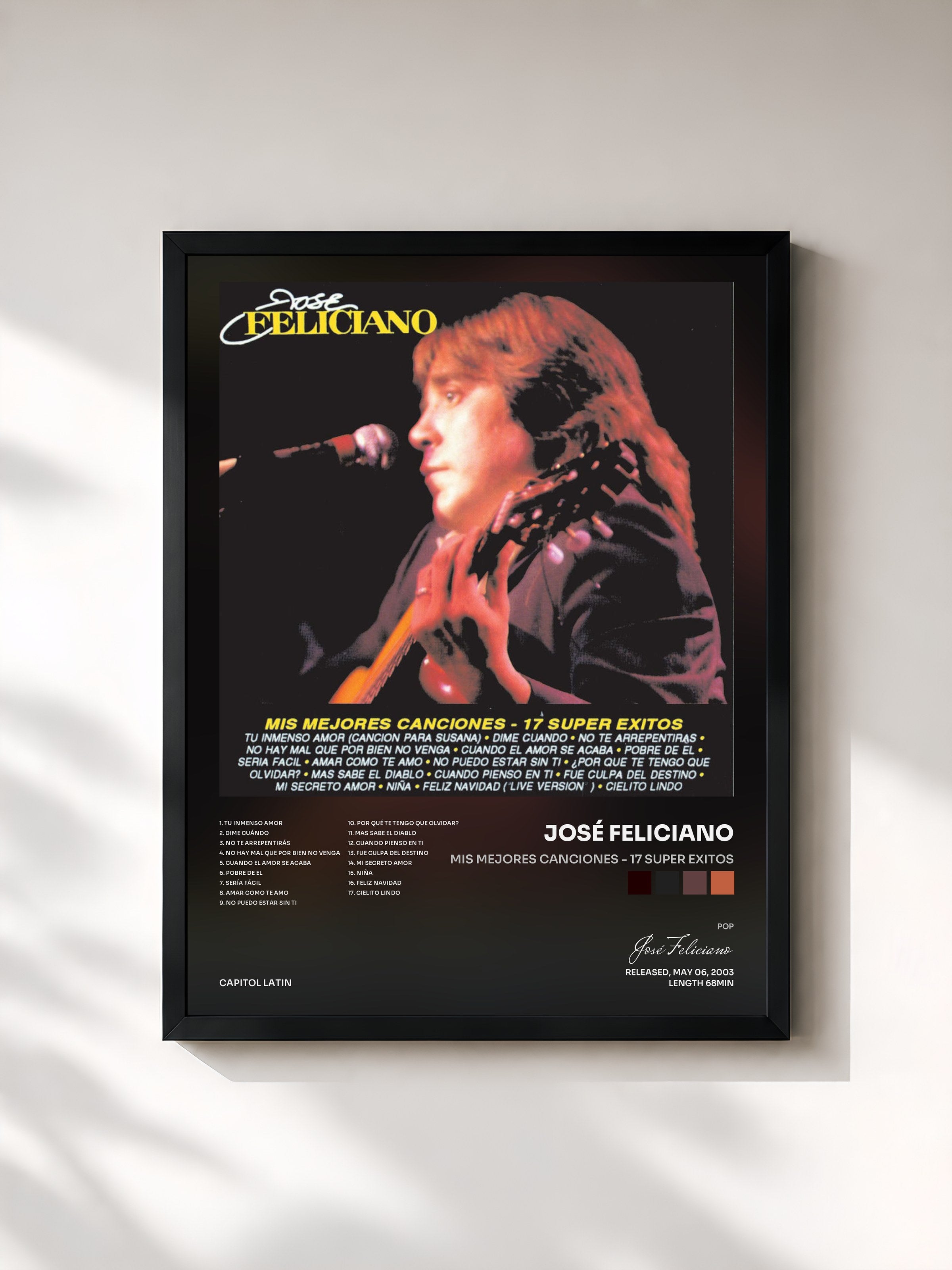 #noir Tableau de l'album Mis Mejores Canciones - 17 Super Exitos de José Feliciano, cadre noir, imprimé et encadré en France