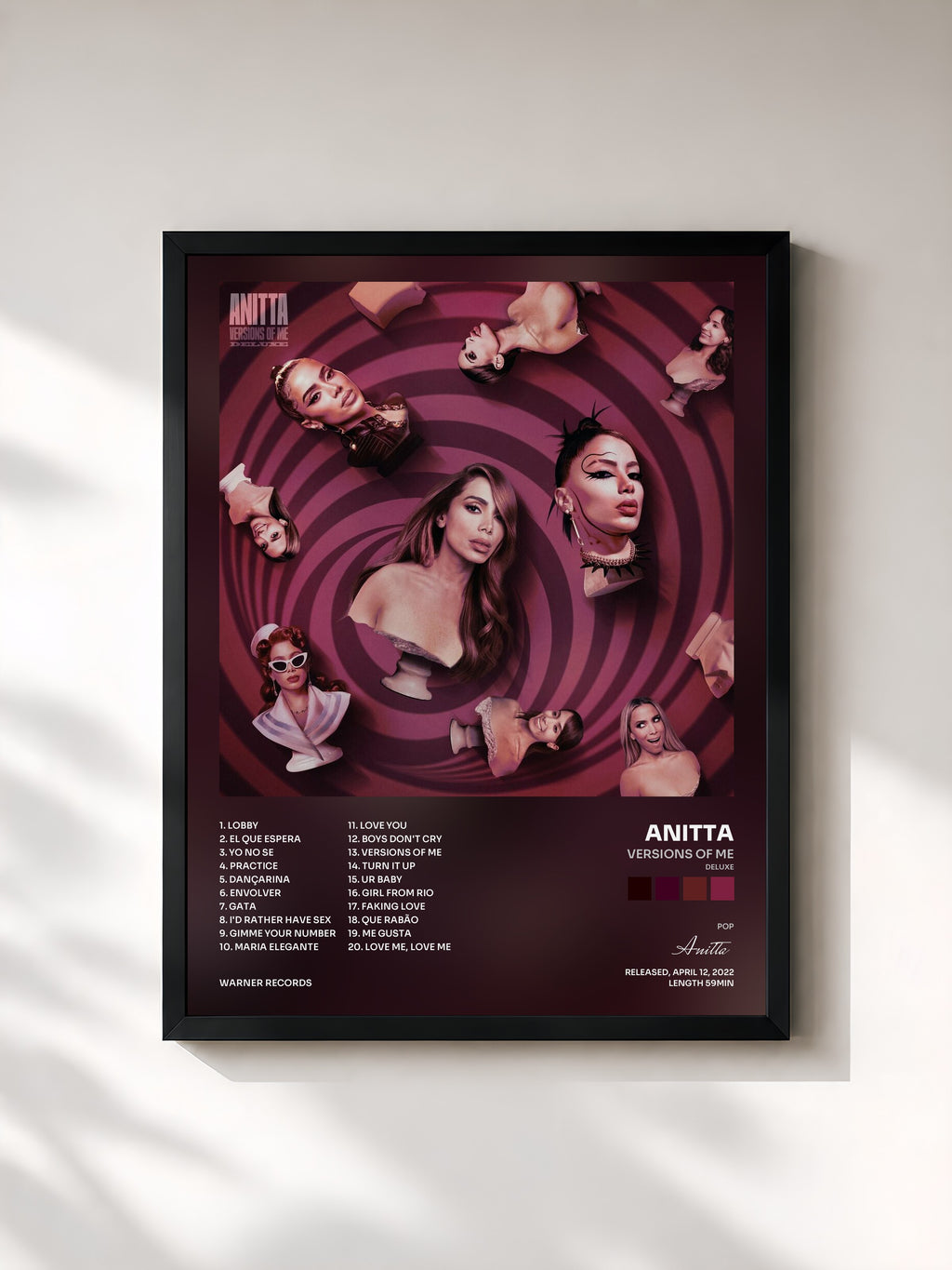 #noir Tableau de l'album Versions of Me (Deluxe) de Anitta, cadre noir, imprimé et encadré en France