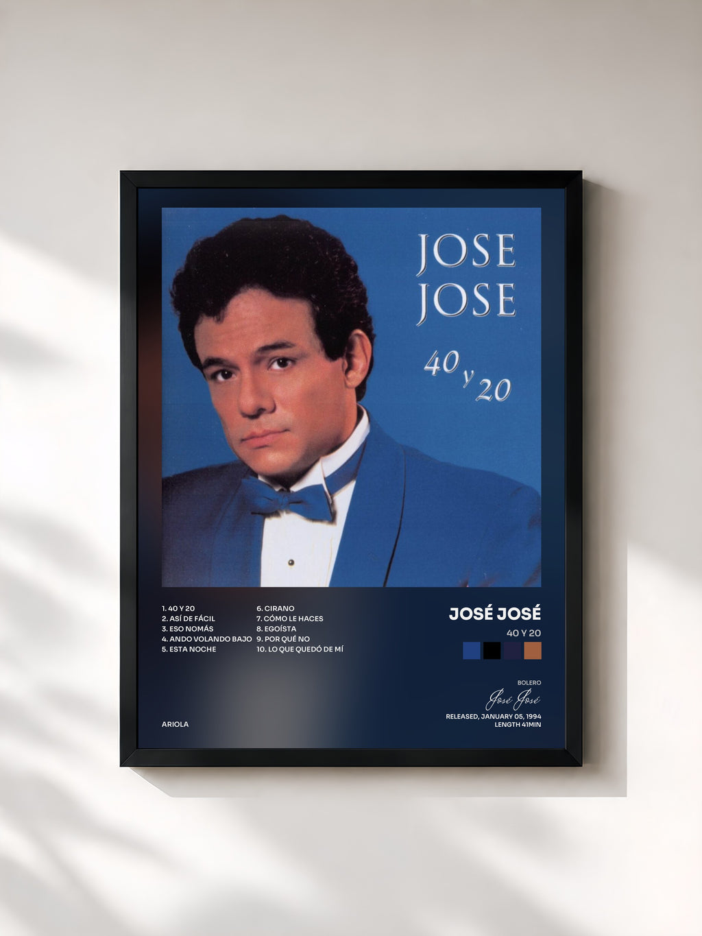 #noir Tableau de l'album 40 Y 20 de José José, cadre noir, imprimé et encadré en France