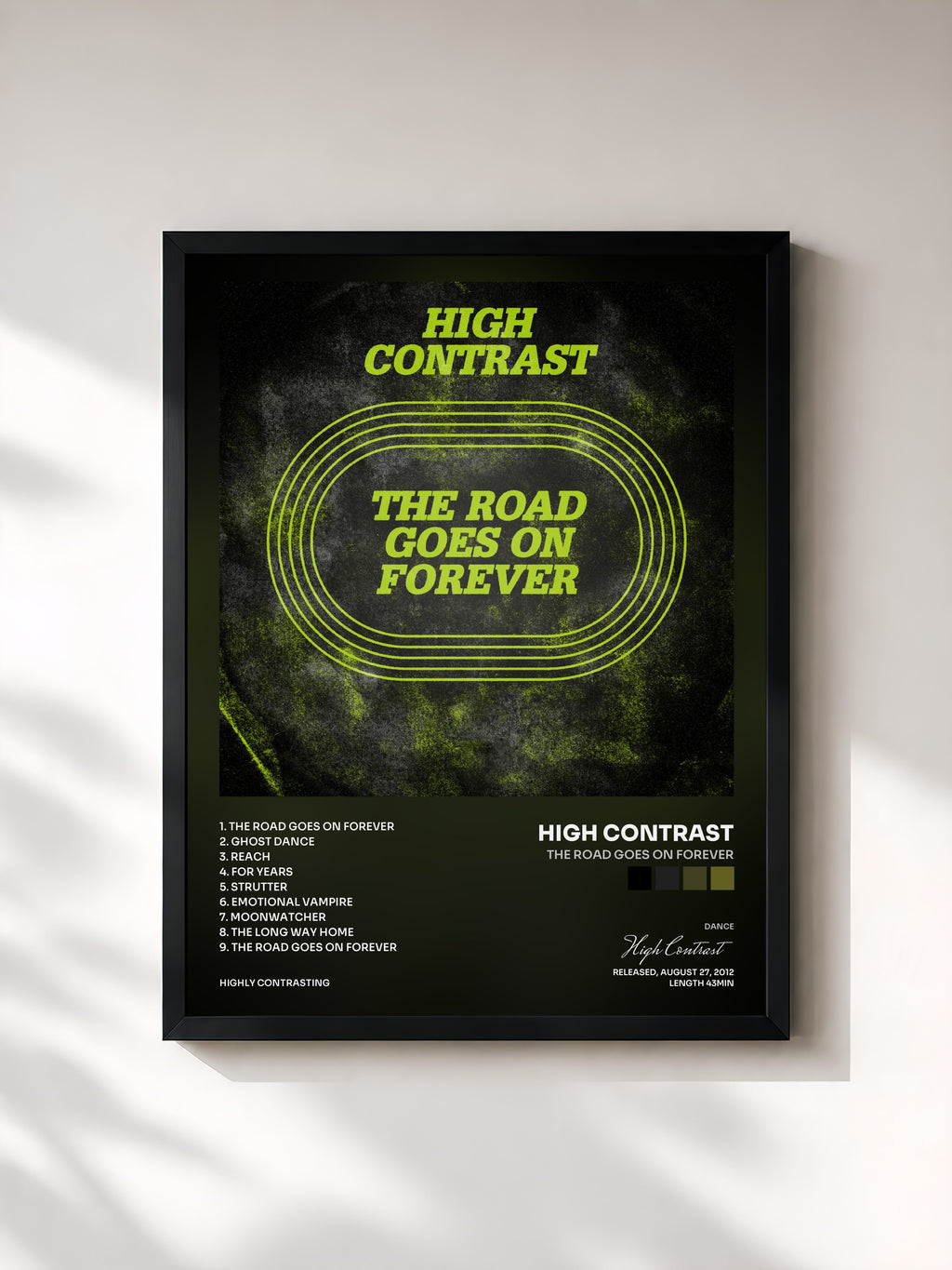 #noir Tableau de l'album The Road Goes On Forever de High Contrast, cadre noir, imprimé et encadré en France