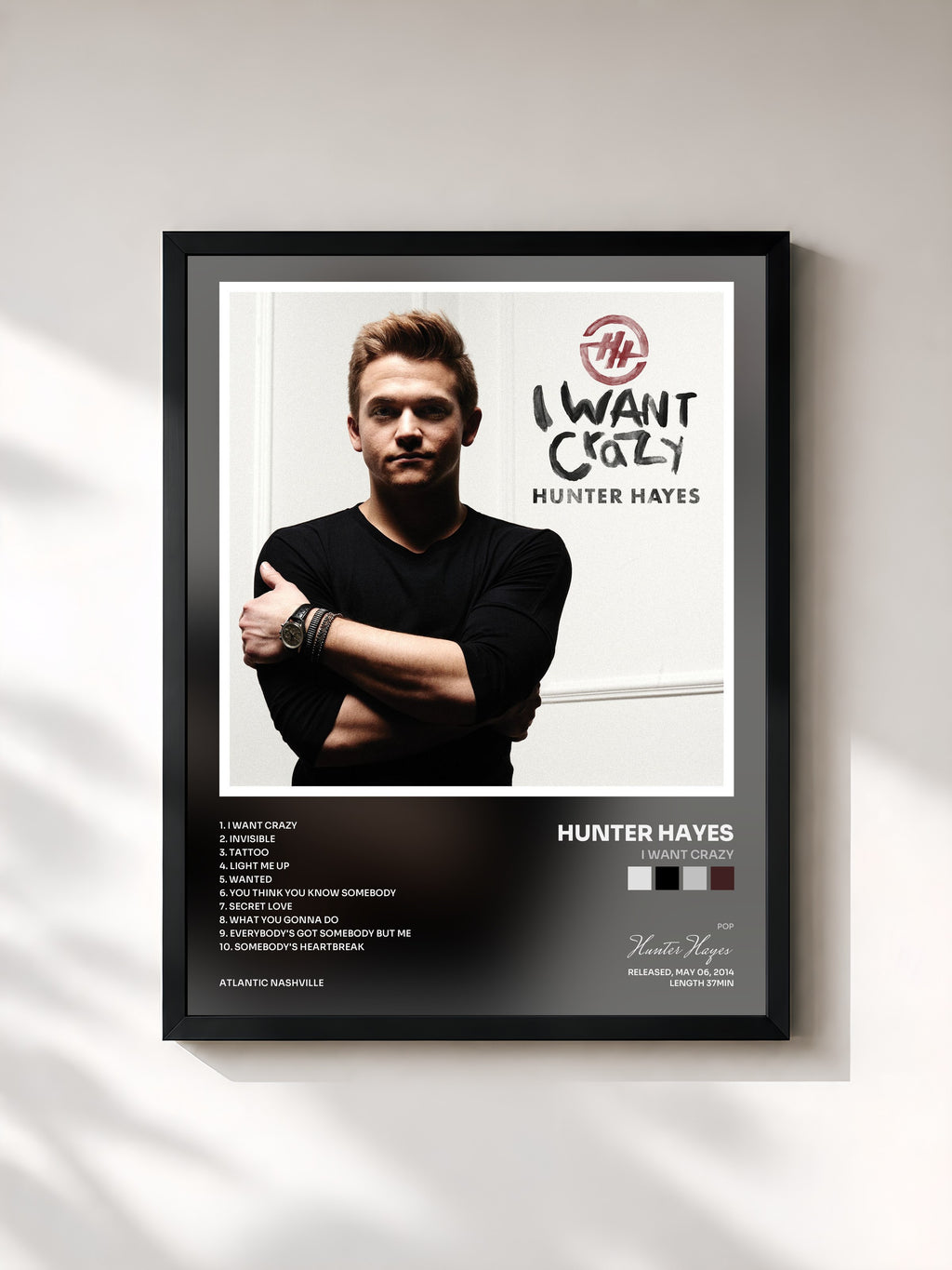 #noir Tableau de l'album I Want Crazy de Hunter Hayes, cadre noir, imprimé et encadré en France