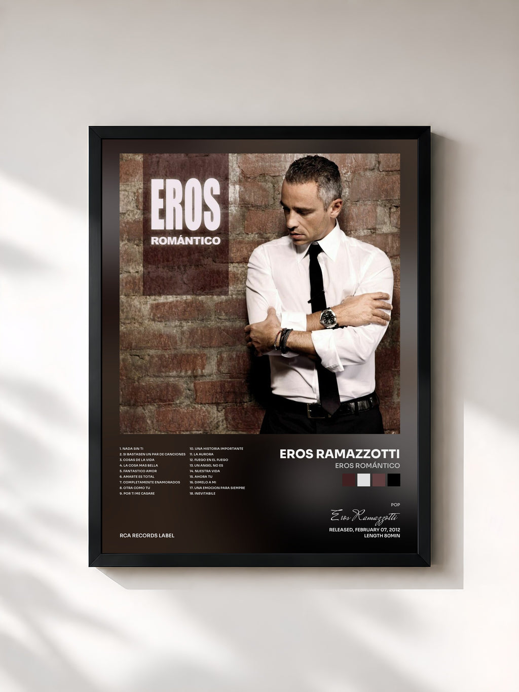 #noir Tableau de l'album Eros Romántico de Eros Ramazzotti, cadre noir, imprimé et encadré en France