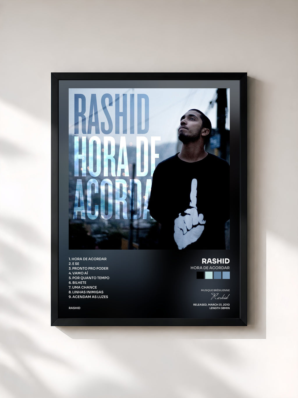 #noir Tableau de l'album Hora de Acordar de Rashid, cadre noir, imprimé et encadré en France