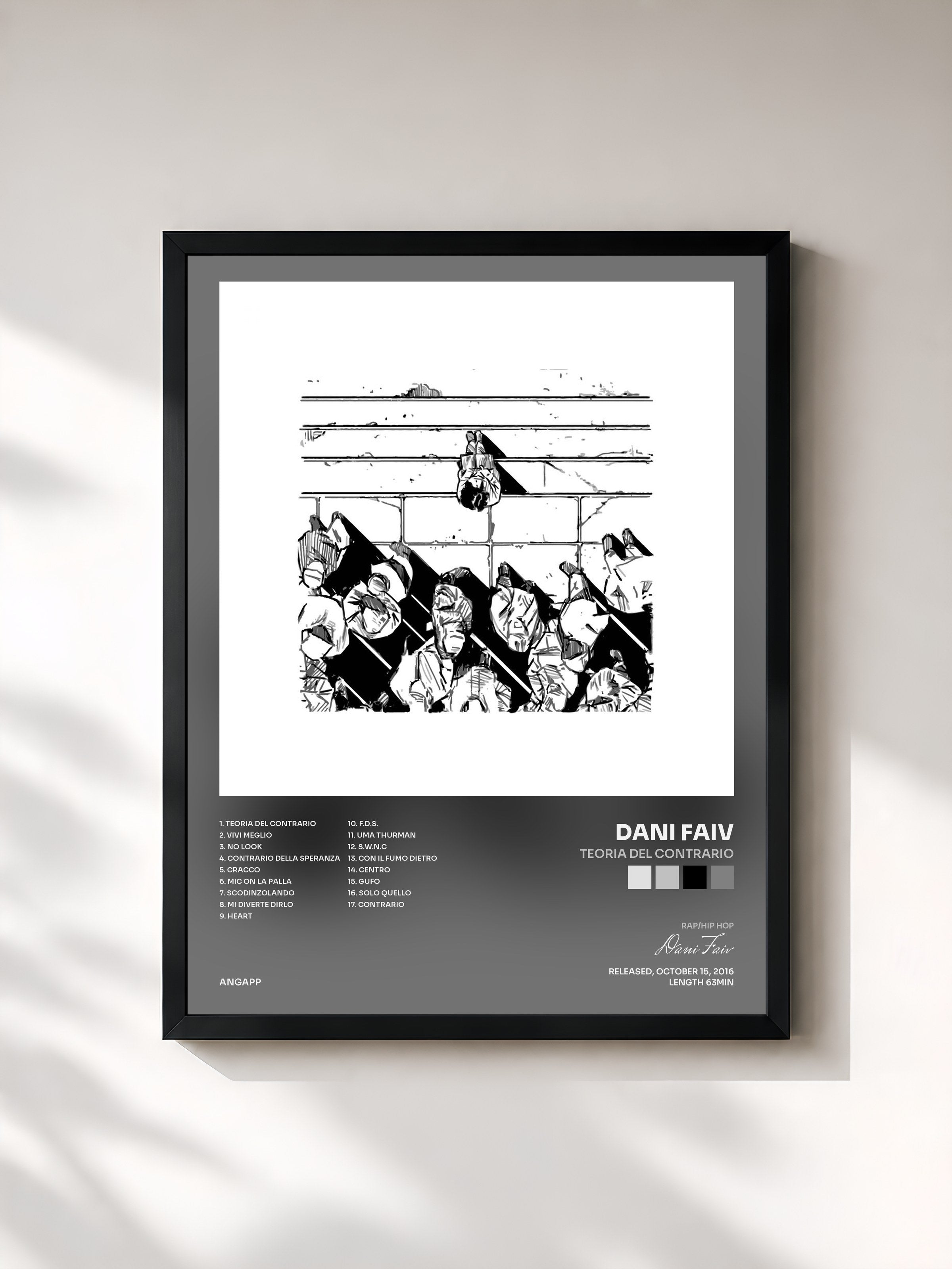 #noir Tableau de l'album Teoria Del Contrario de Dani Faiv, cadre noir, imprimé et encadré en France
