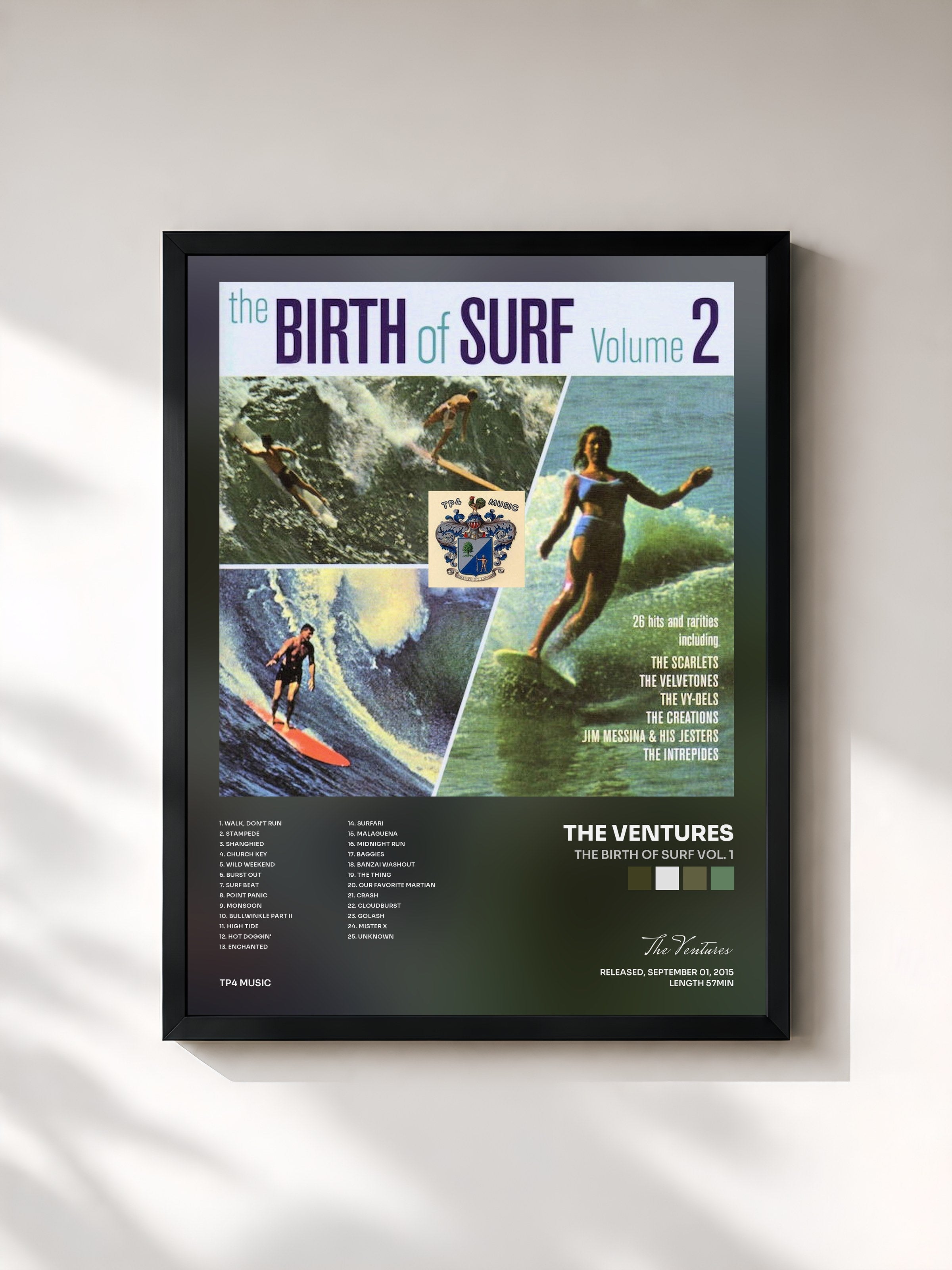 #noir Tableau de l'album The Birth of Surf Vol. 1 de The Ventures, cadre noir, imprimé et encadré en France