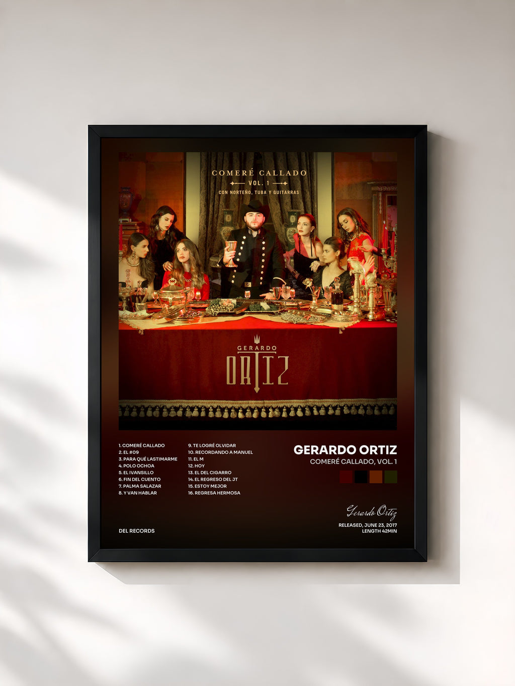 #noir Tableau de l'album Comeré Callado, Vol. 1 de Gerardo Ortiz, cadre noir, imprimé et encadré en France