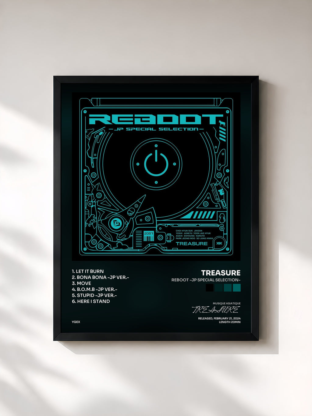 #noir Tableau de l'album REBOOT -JP SPECIAL SELECTION- de TREASURE, cadre noir, imprimé et encadré en France
