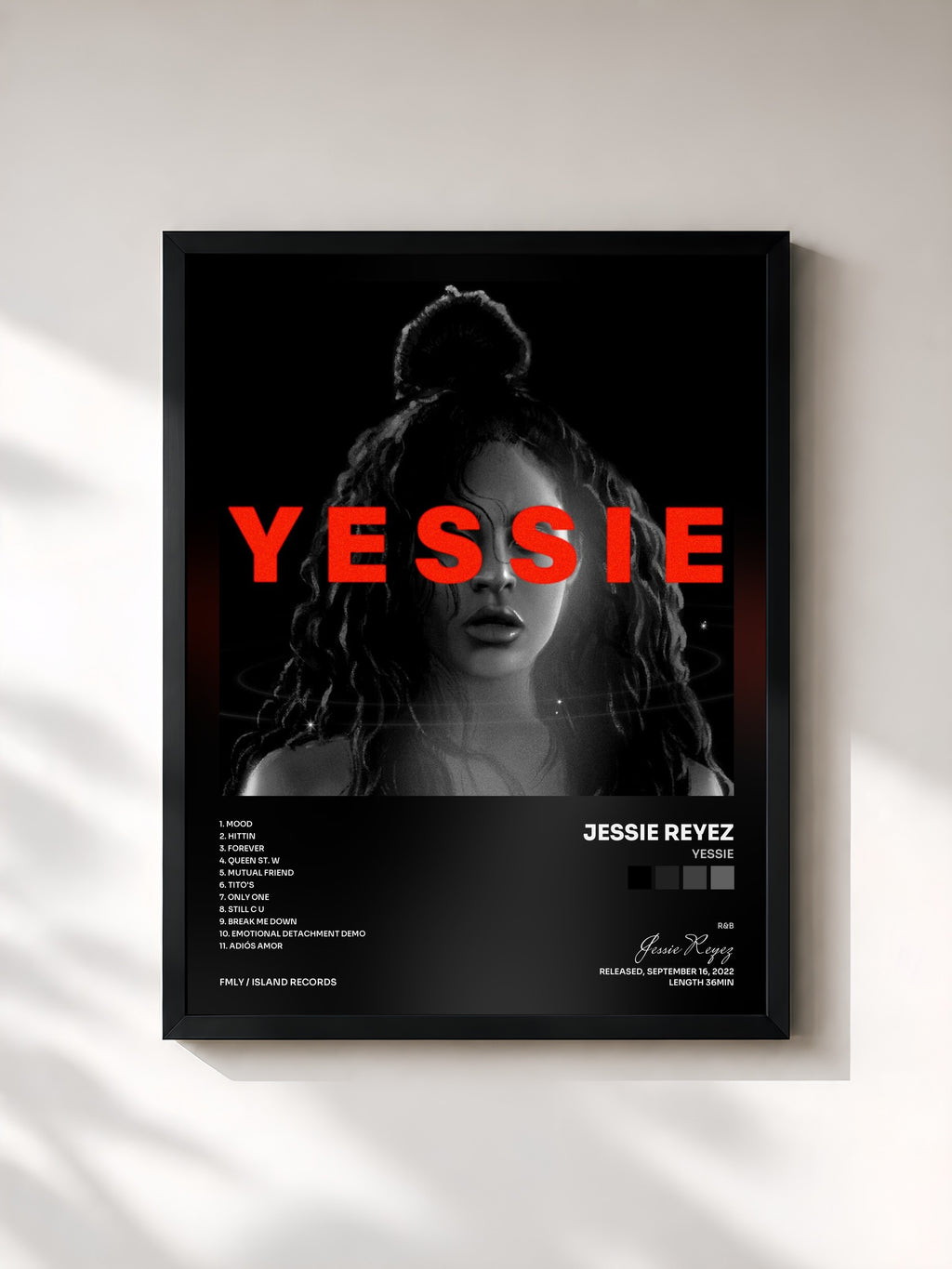 #noir Tableau de l'album YESSIE de Jessie Reyez, cadre noir, imprimé et encadré en France
