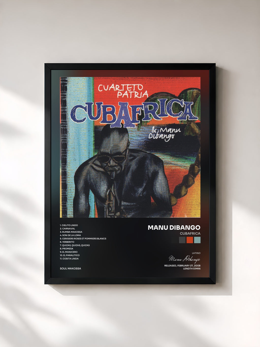 #noir Tableau de l'album Cubafrica de Manu Dibango, cadre noir, imprimé et encadré en France
